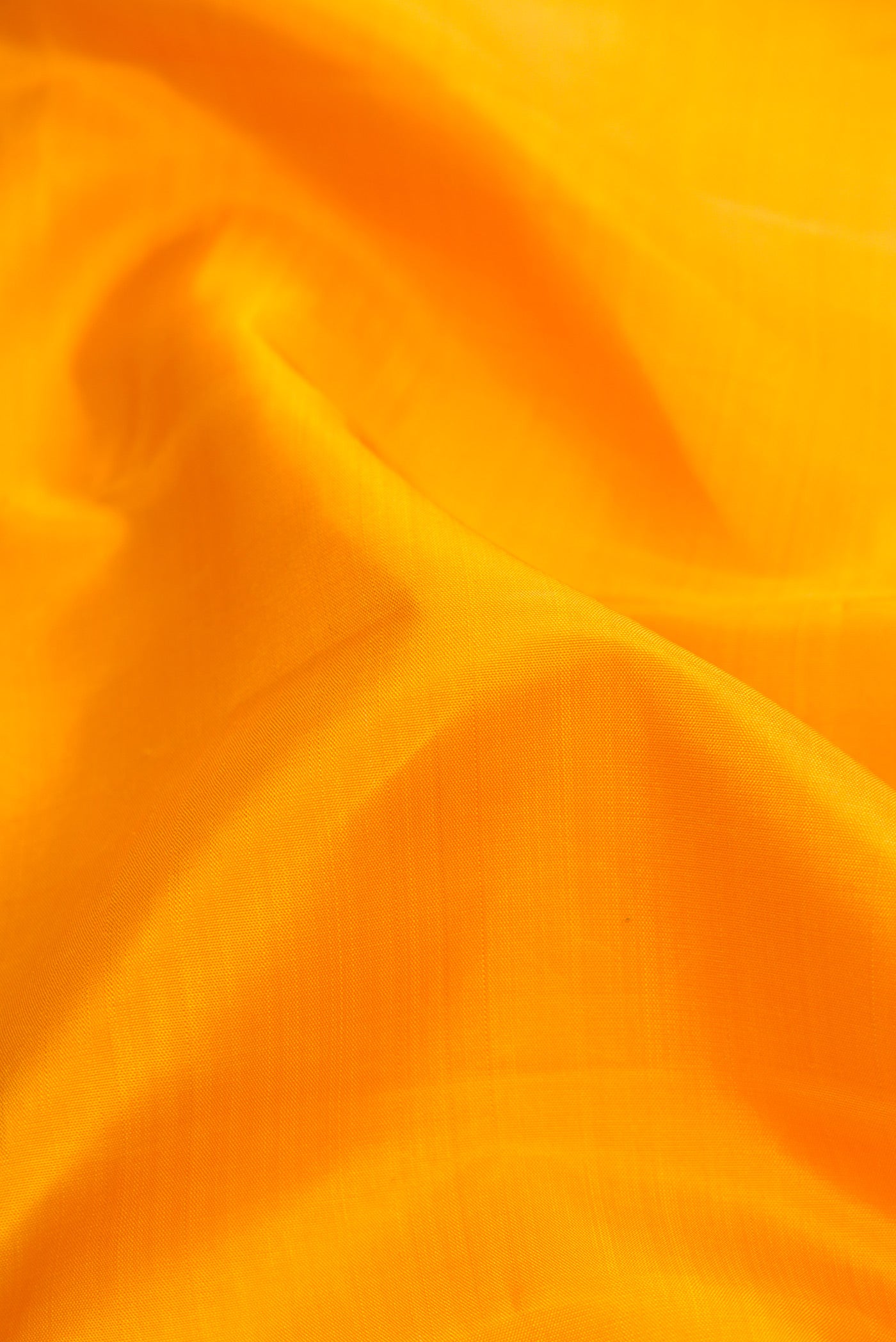 Close up of Pure Silk Pure Zari Yellow Dual Tone Kanjivaram Saree with Plain Body and Zari Border.  displaying folds
