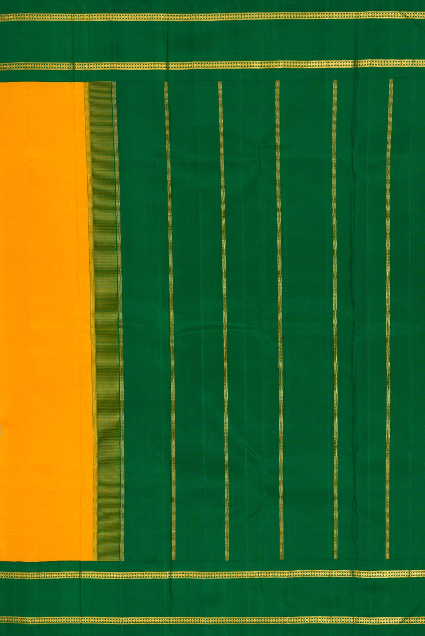 Close up image of the pallu of Pure Silk Pure Zari Yellow Dual Tone Kanjivaram Saree with Plain Body and Zari Border. 