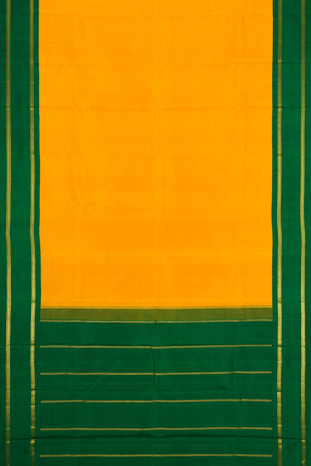 Flat view of Pure Silk Pure Zari Yellow Dual Tone Kanjivaram Saree with Plain Body and Zari Border. 