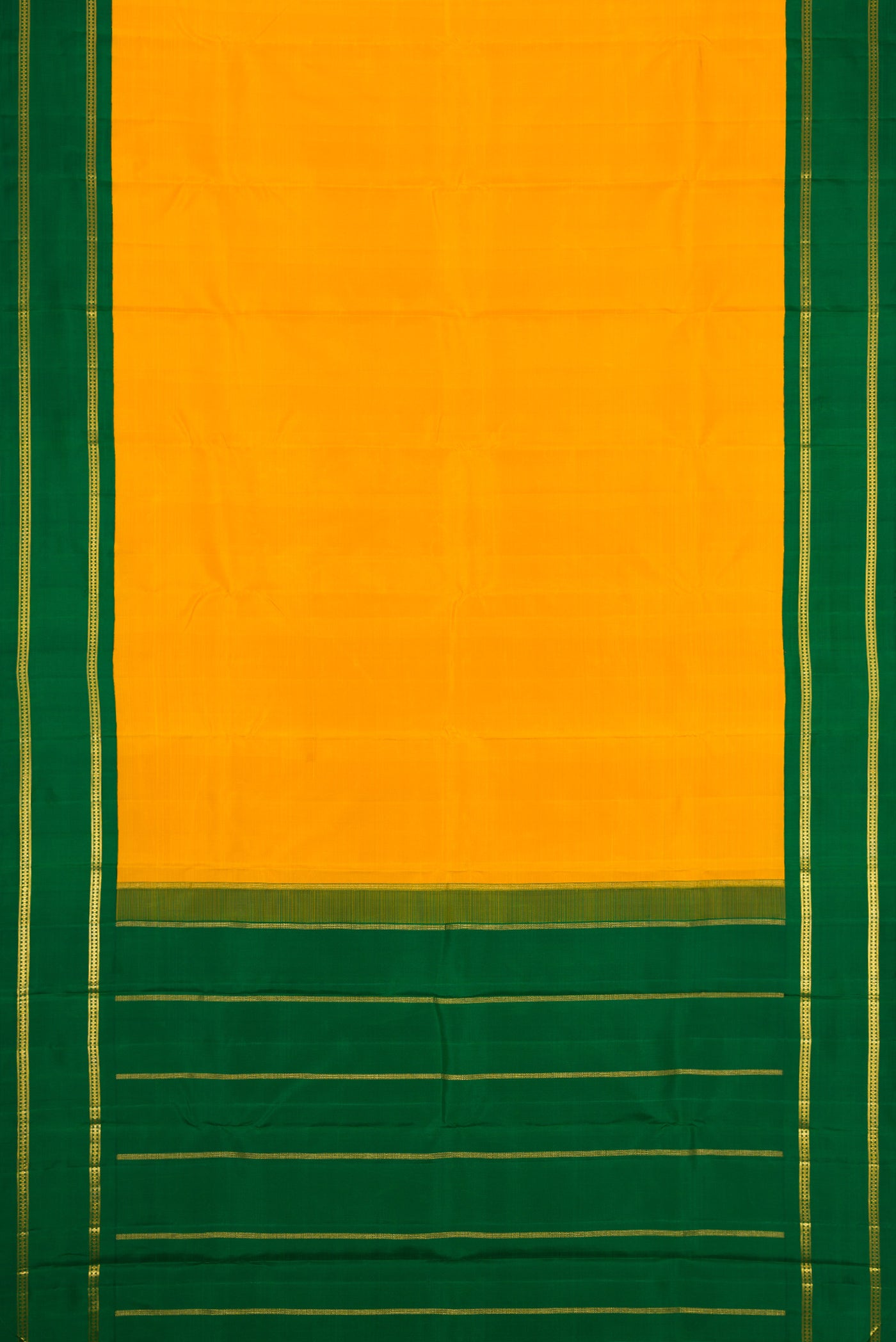 Flat view of Pure Silk Pure Zari Yellow Dual Tone Kanjivaram Saree with Plain Body and Zari Border. 