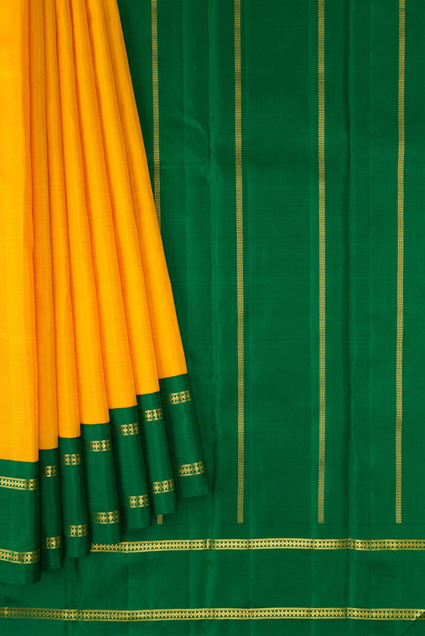 Pleats and pallu of Pure Silk Pure Zari Yellow Dual Tone Kanjivaram Saree with Plain Body and Zari Border. 