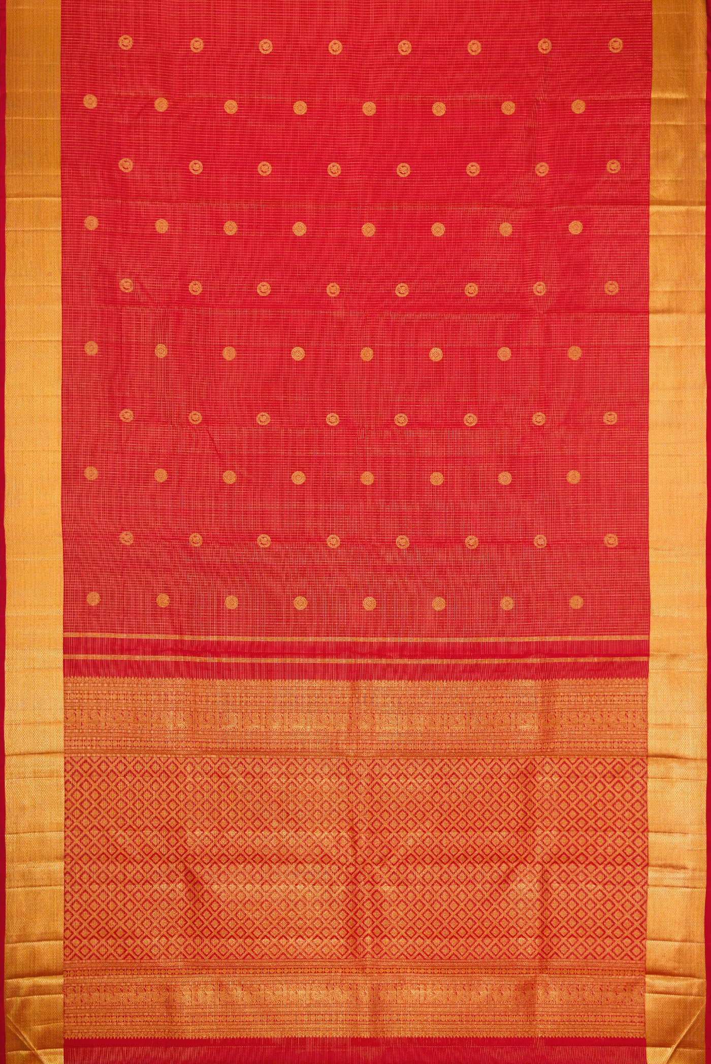 Flat view of Red Dual Tone Kanchipuram Silk Saree with Checked design on the body and Zari Border. 