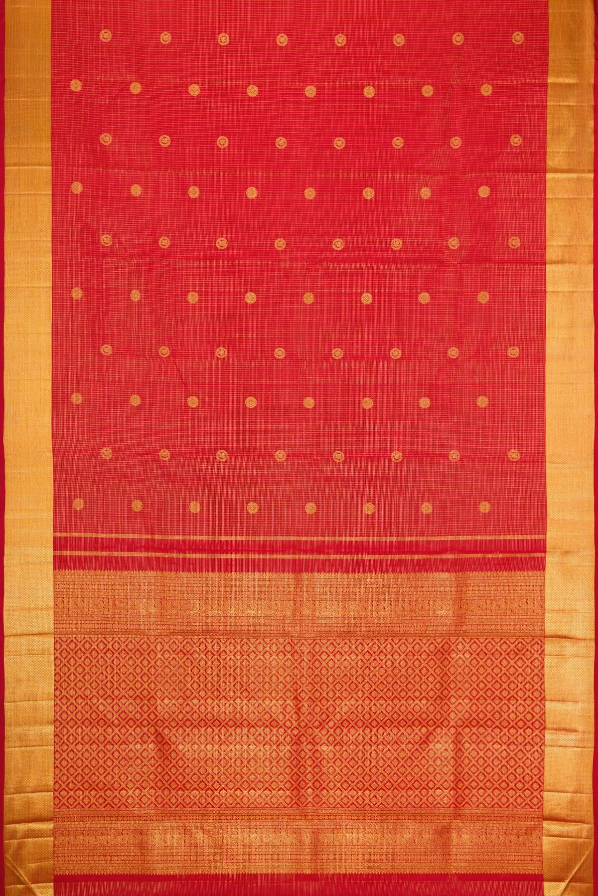 Flat view of Red Dual Tone Kanchipuram Silk Saree with Checked design on the body and Zari Border. 