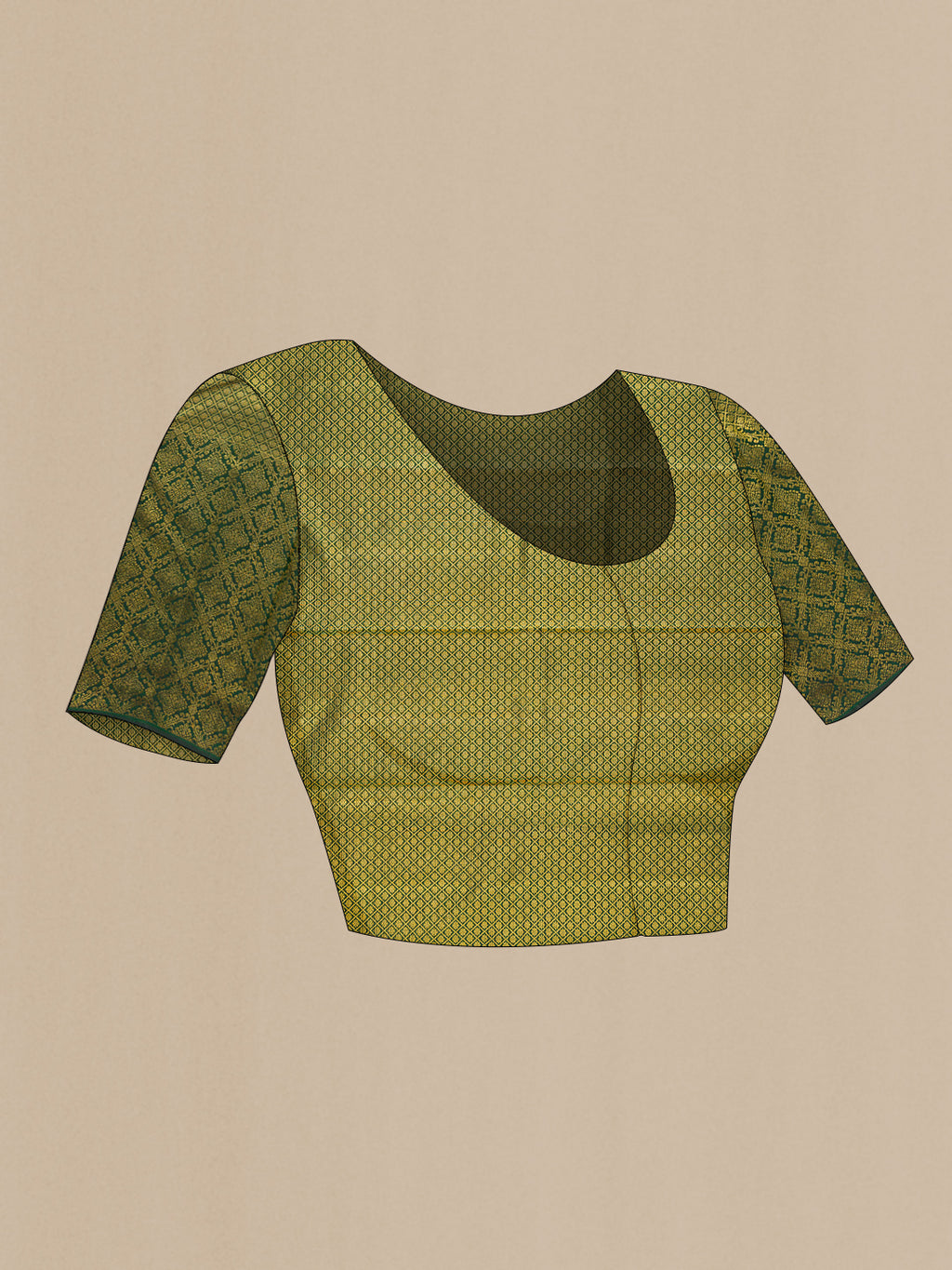 Close up image of the blouse of Green Dual Tone Kanchipuram Silk Saree with Zari Butta on the body and Zari Border. 