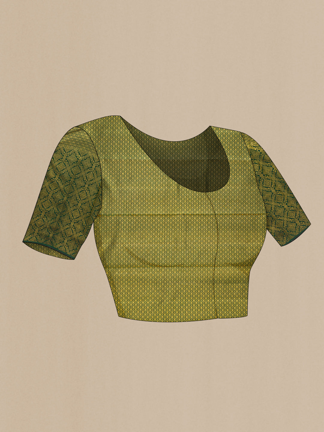 Close up image of the blouse of Green Dual Tone Kanchipuram Silk Saree with Zari Butta on the body and Zari Border. 