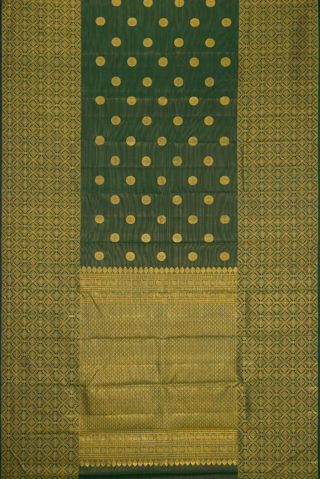 Flat view of Green Dual Tone Kanchipuram Silk Saree with Zari Butta on the body and Zari Border. 