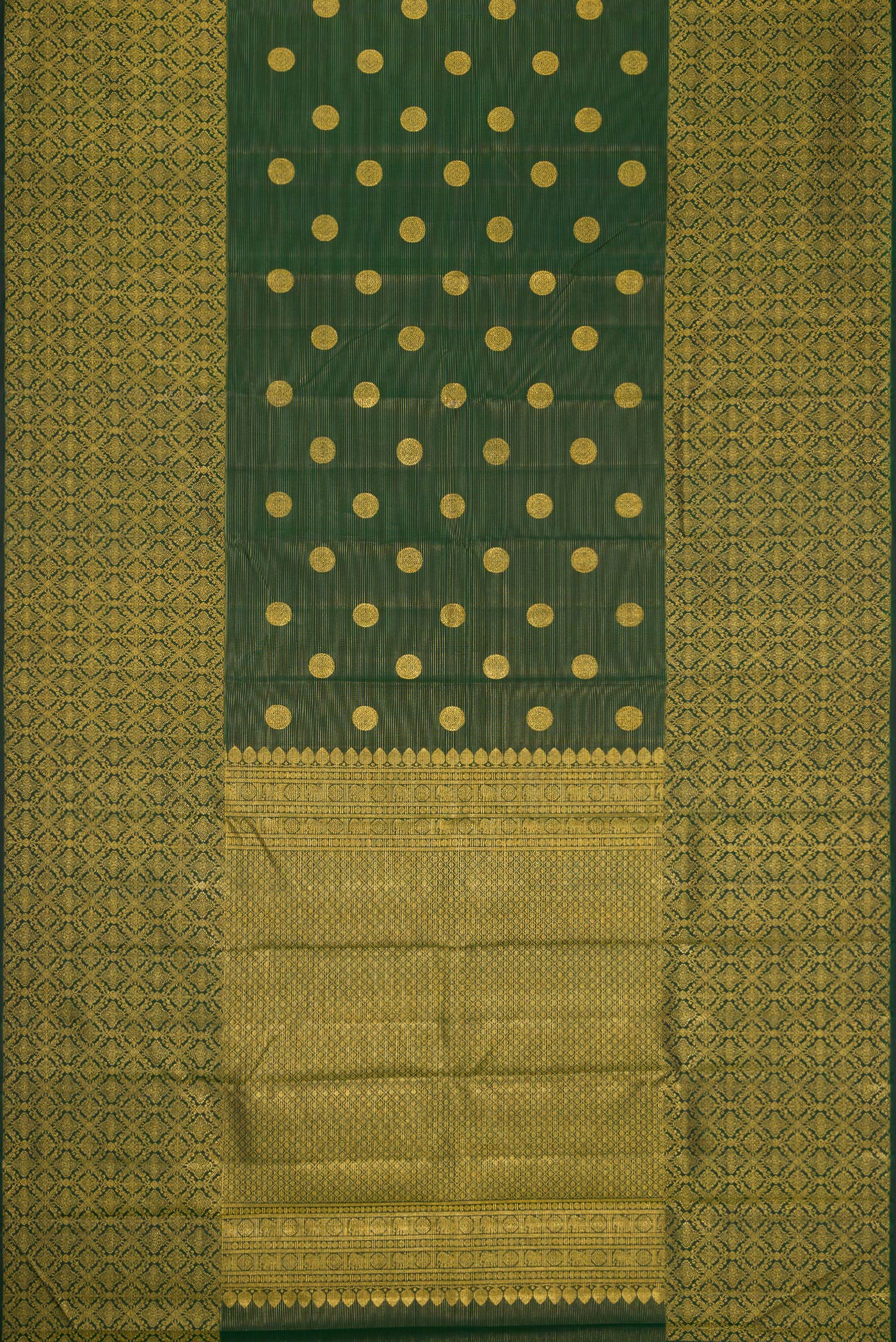 Flat view of Green Dual Tone Kanchipuram Silk Saree with Zari Butta on the body and Zari Border. 