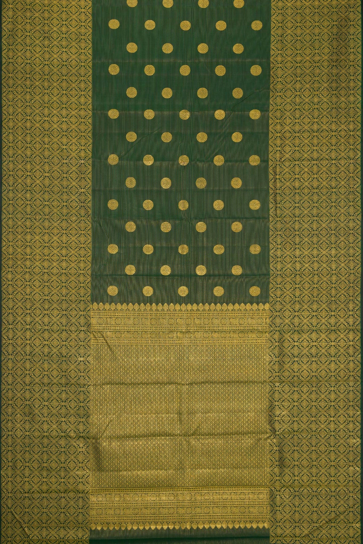 Flat view of Green Dual Tone Kanchipuram Silk Saree with Zari Butta on the body and Zari Border. 