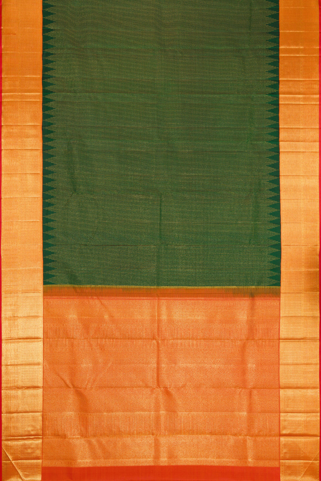 Flat view of Green Dual Tone Kanchipuram Silk Saree with Stripes on the body and Zari Border. 
