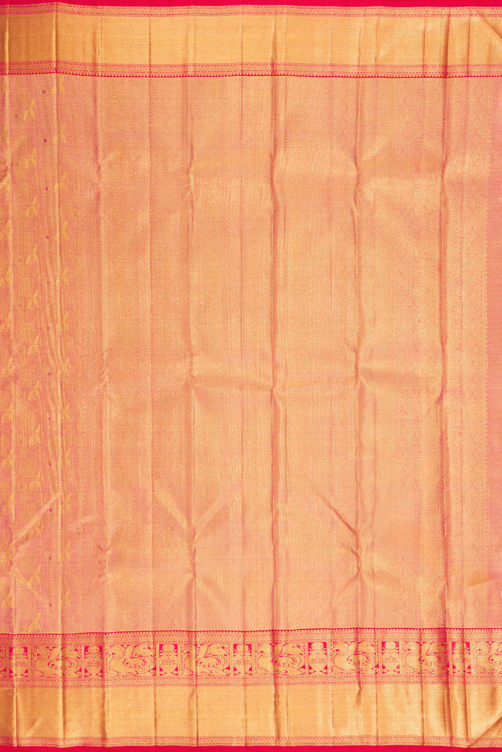 Close up image of the pallu of Rose Gold Dual Tone Kanchipuram Tissue Silk Saree with Zari Brocade on the body and Zari Border. 