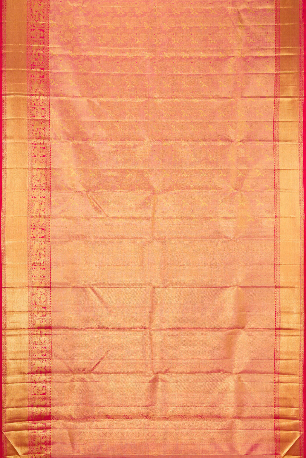 Flat view of Rose Gold Dual Tone Kanchipuram Tissue Silk Saree with Zari Brocade on the body and Zari Border. 