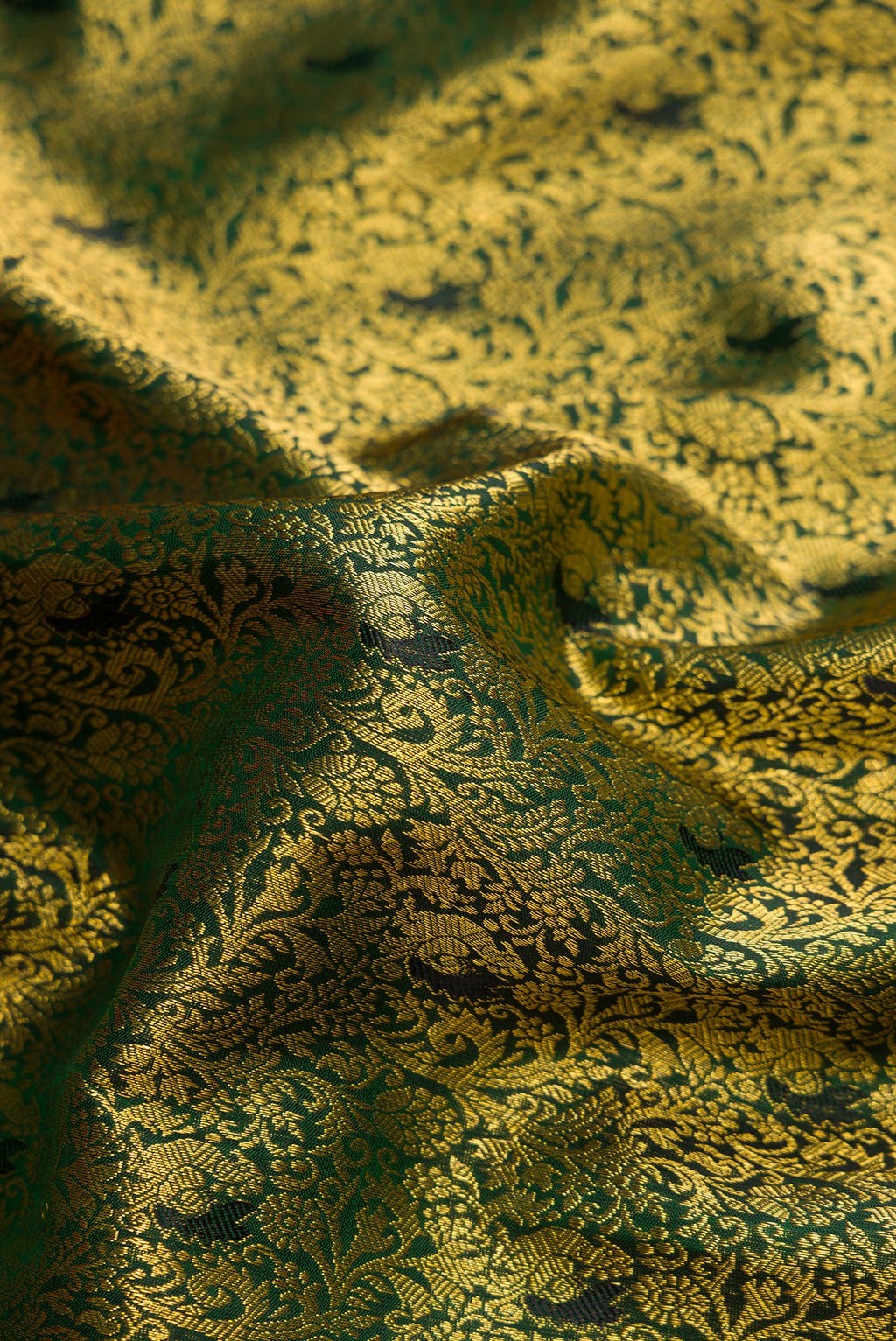 Close up of Bottle Green Dual Tone Kanchipuram Silk Saree with Zari Brocade on the body and Zari Border.  displaying folds