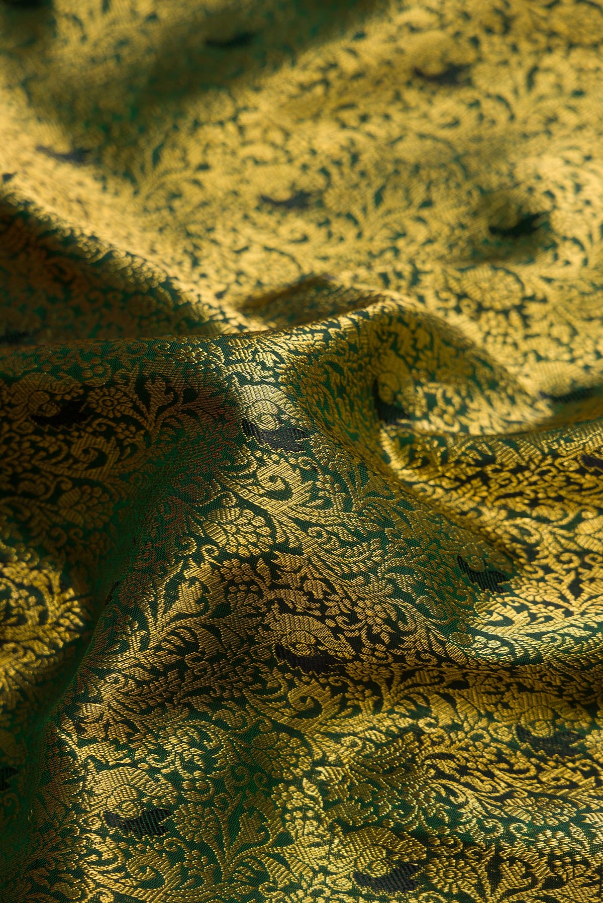 Close up of Bottle Green Dual Tone Kanchipuram Silk Saree with Zari Brocade on the body and Zari Border.  displaying folds