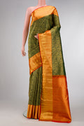 Bottle Green Dual Tone Kanchipuram Silk Saree with Zari Brocade on the body and Zari Border.  displayed on a mannequin