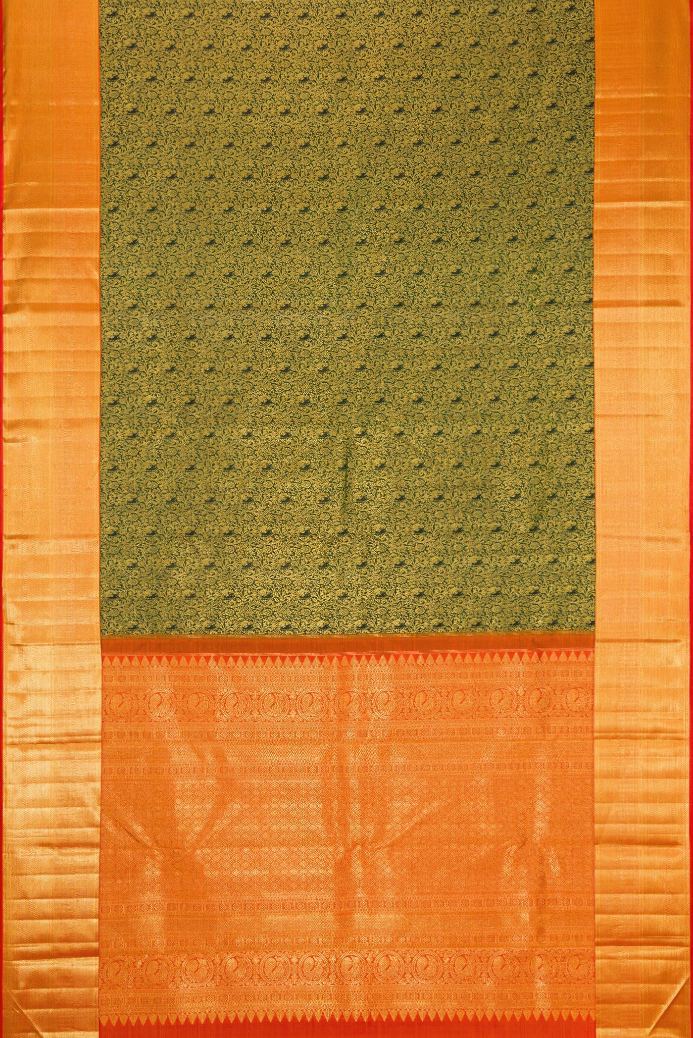 Flat view of Bottle Green Dual Tone Kanchipuram Silk Saree with Zari Brocade on the body and Zari Border. 