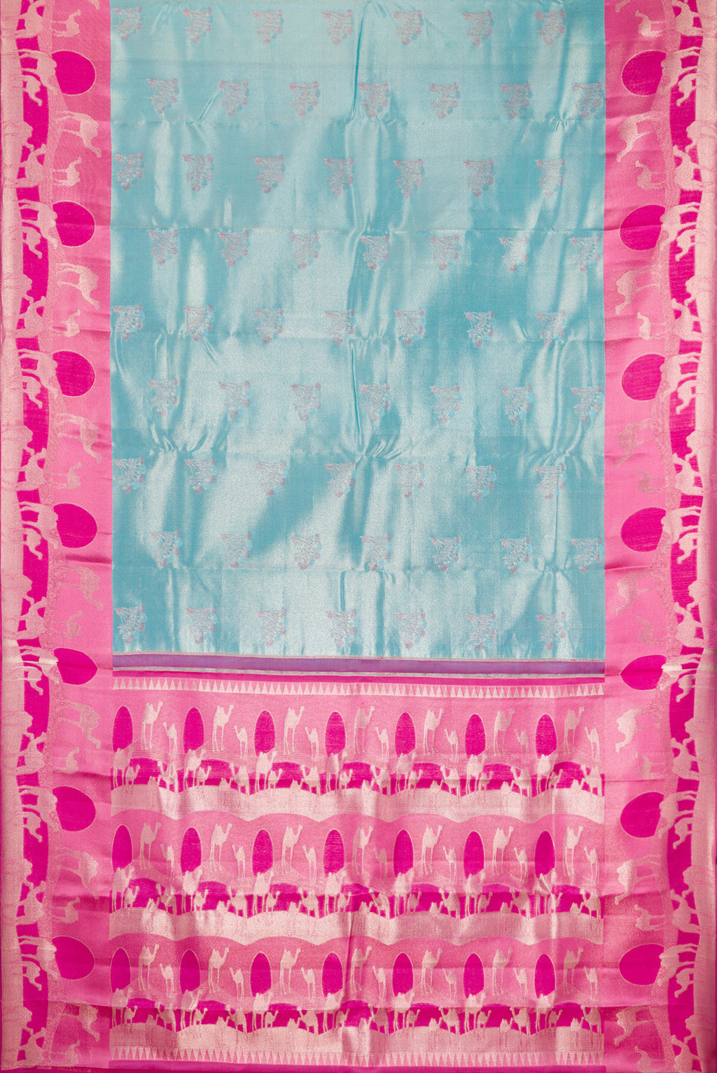 Flat view of Sky Blue Dual Tone Kanjivaram Tissue Silk Saree with Zari Brocade on the body and Fancy Border. 