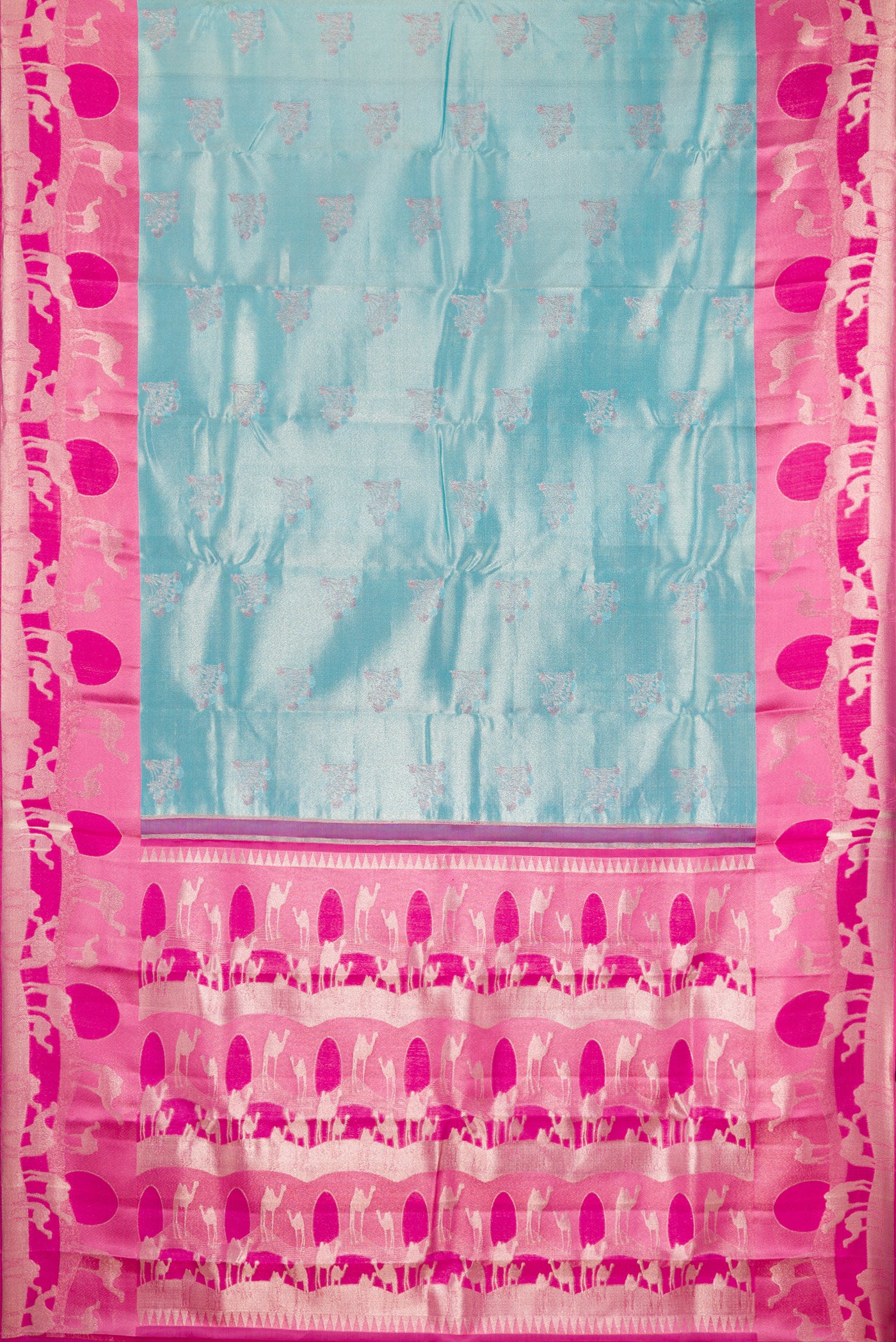 Flat view of Sky Blue Dual Tone Kanjivaram Tissue Silk Saree with Zari Brocade on the body and Fancy Border. 