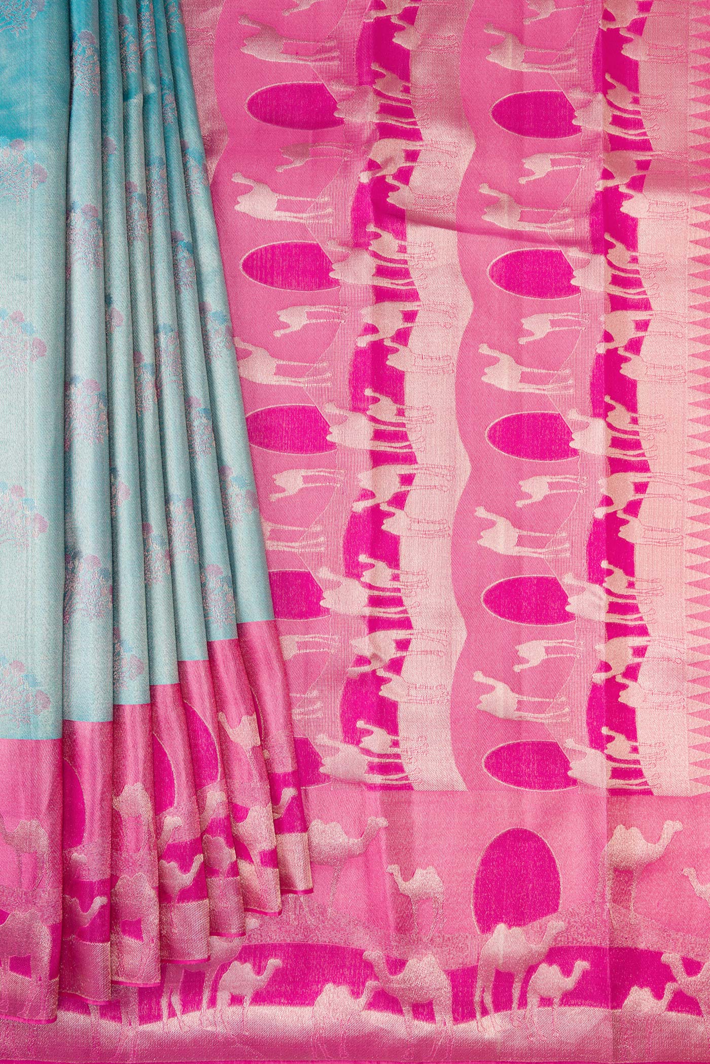 Pleats and pallu of Sky Blue Dual Tone Kanjivaram Tissue Silk Saree with Zari Brocade on the body and Fancy Border. 