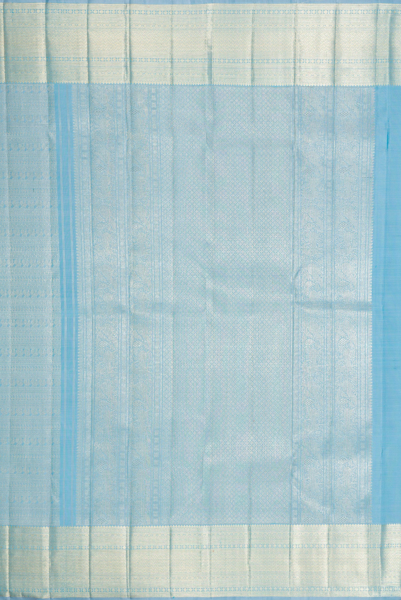 Close up image of the pallu of Sky Blue Dual Tone Kanchipuram Silk Saree with Zari Brocade on the body and Zari Border. 