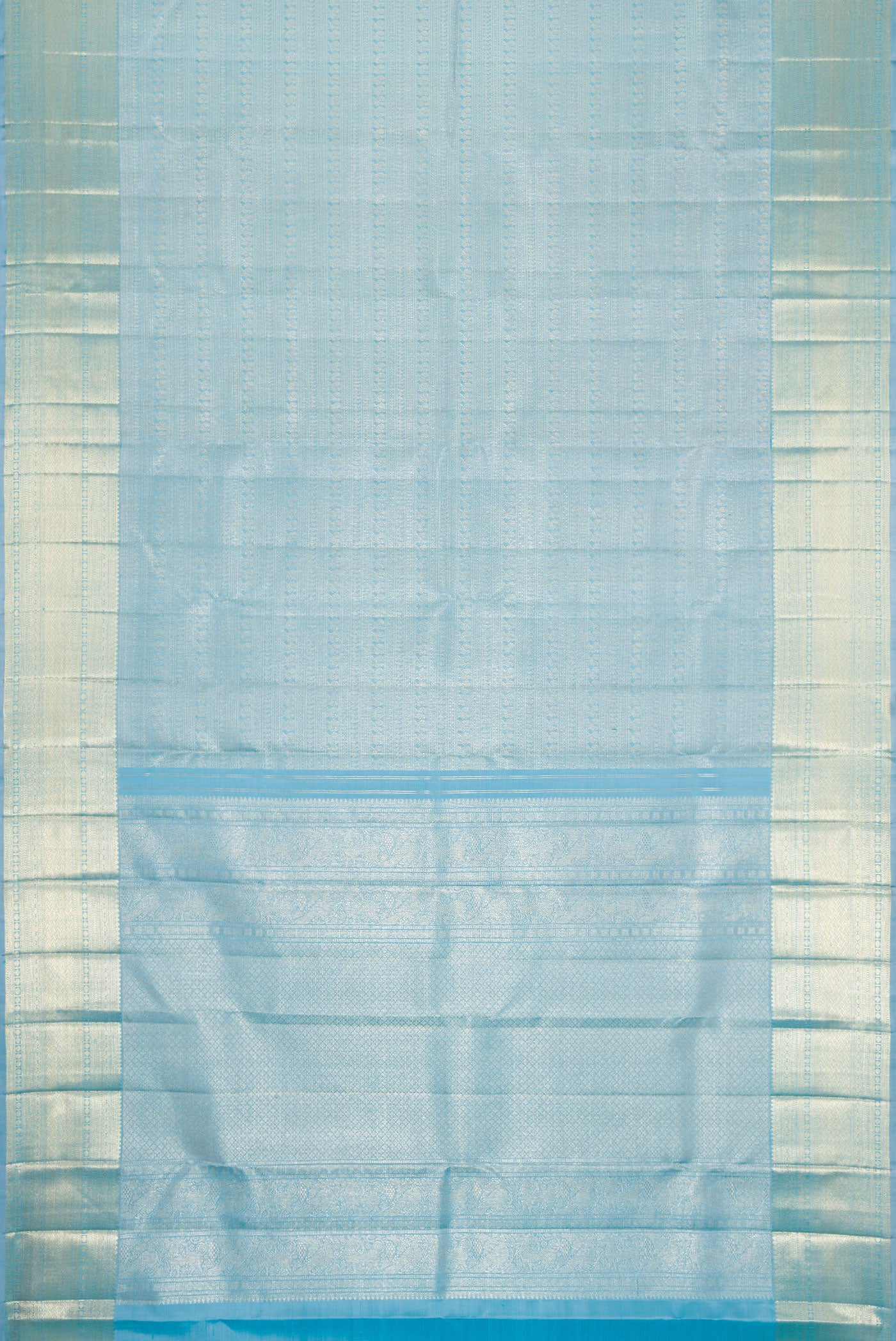 Flat view of Sky Blue Dual Tone Kanchipuram Silk Saree with Zari Brocade on the body and Zari Border. 