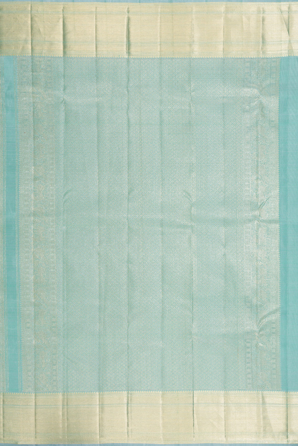 Close up image of the pallu of Sky Blue Dual Tone Kanchipuram Silk Saree with Zari Brocade on the body and Zari Border. 