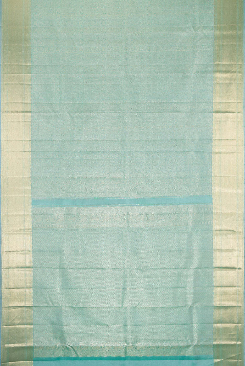 Flat view of Sky Blue Dual Tone Kanchipuram Silk Saree with Zari Brocade on the body and Zari Border. 