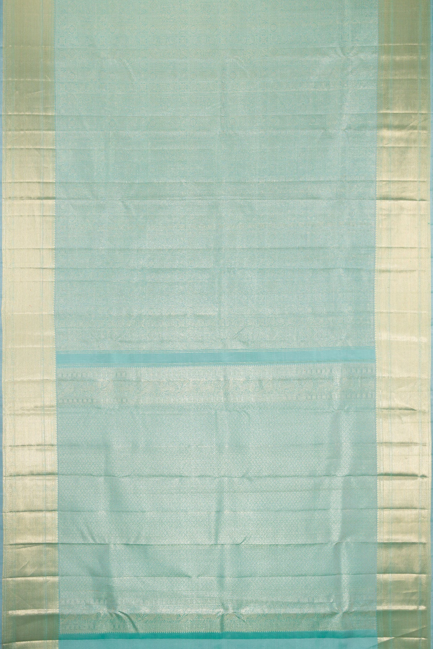 Flat view of Sky Blue Dual Tone Kanchipuram Silk Saree with Zari Brocade on the body and Zari Border. 