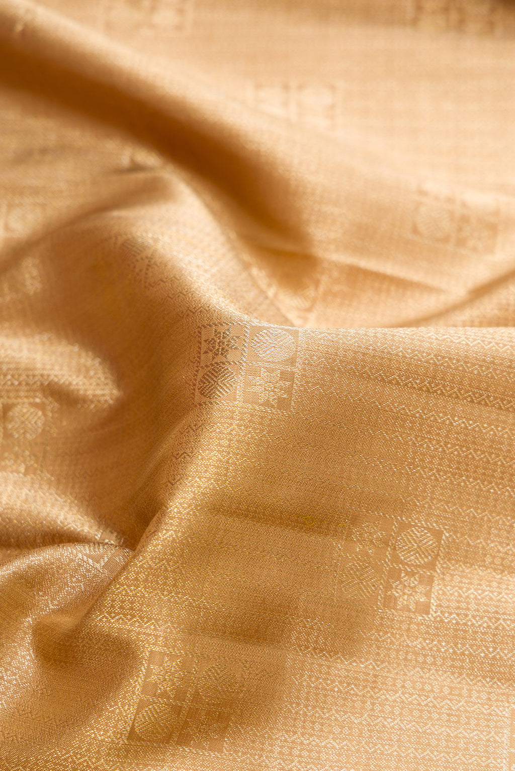 Close up of Dark Beige Dual Tone Kanchipuram Silk Saree with Zari Brocade on the body and Zari Border.  displaying folds
