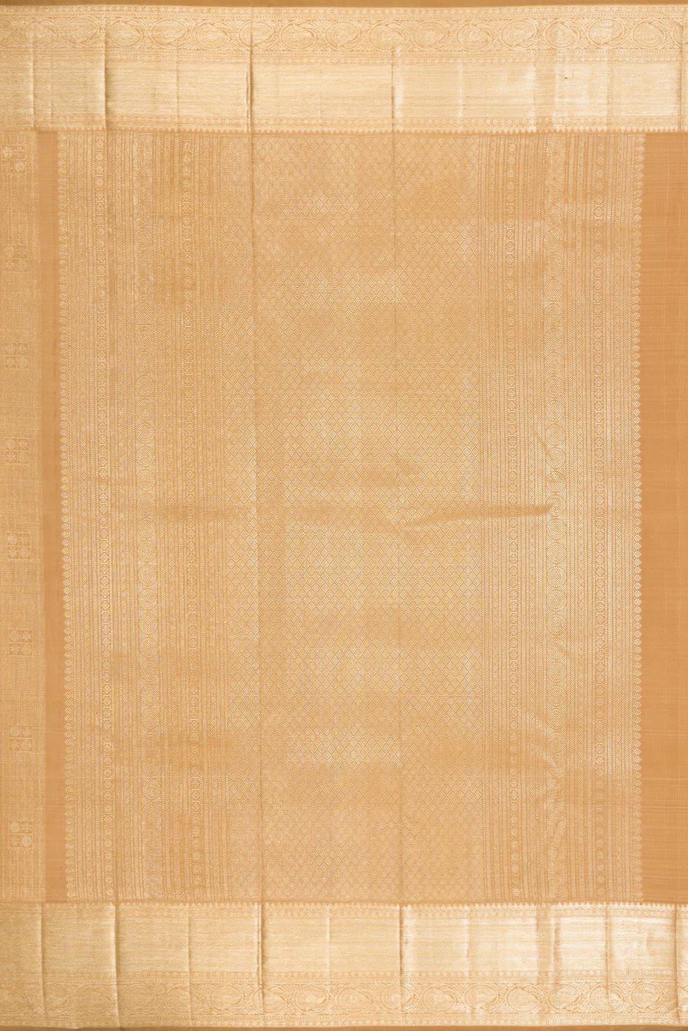 Close up image of the pallu of Dark Beige Dual Tone Kanchipuram Silk Saree with Zari Brocade on the body and Zari Border. 