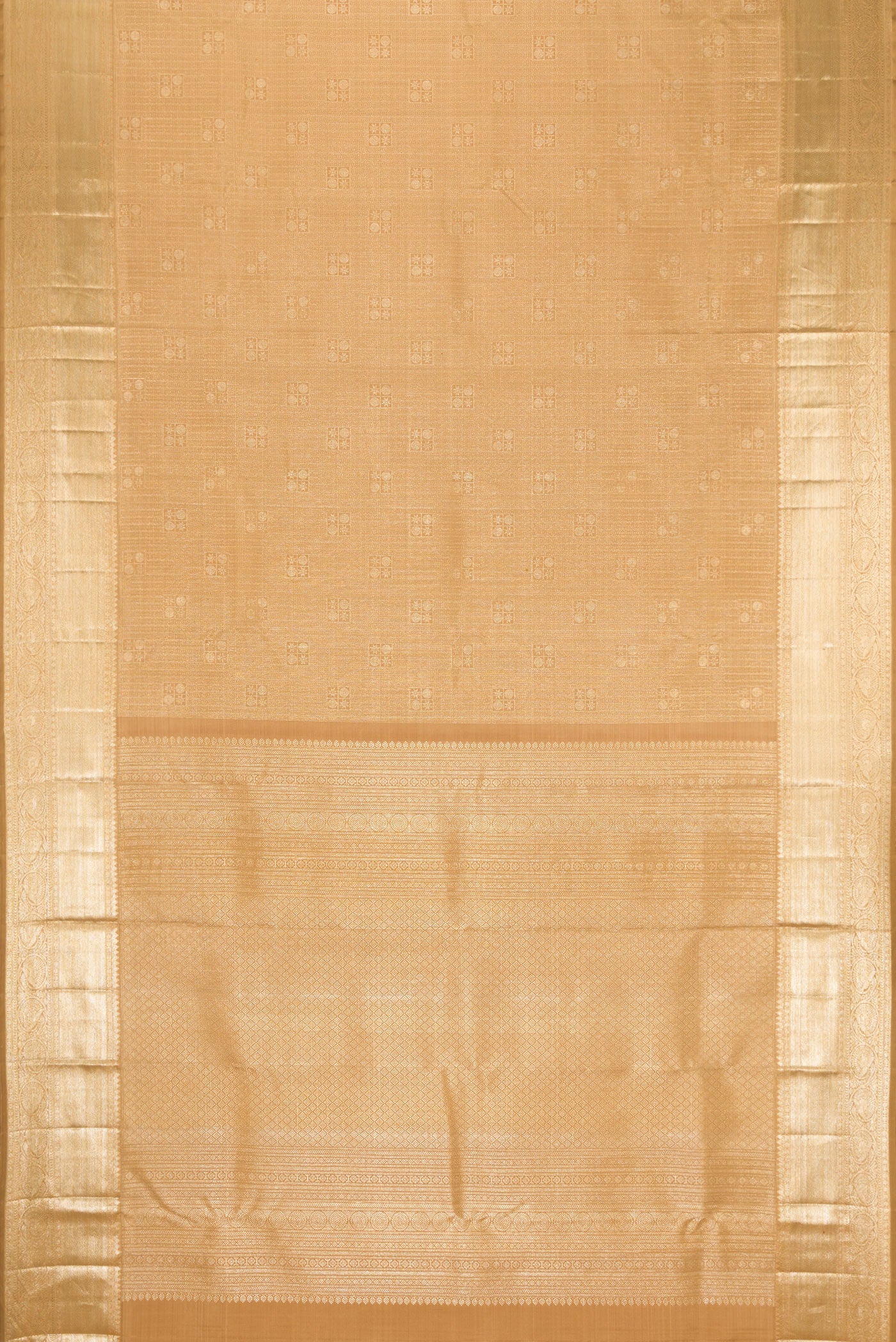Flat view of Dark Beige Dual Tone Kanchipuram Silk Saree with Zari Brocade on the body and Zari Border. 