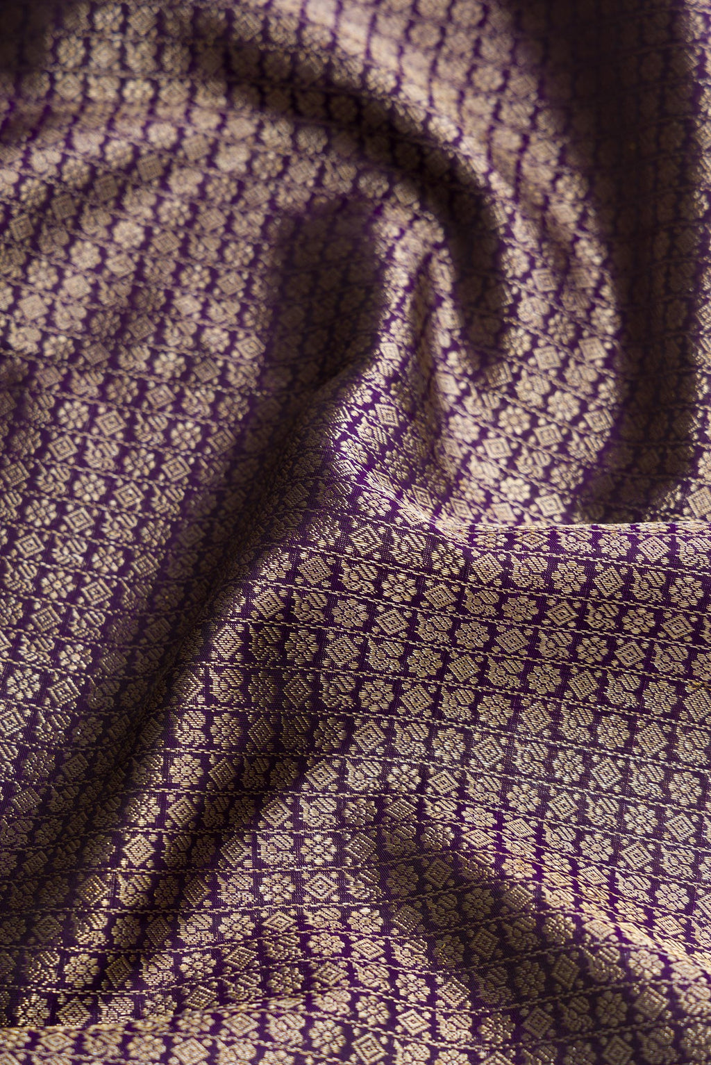 Close up of Violet Dual Tone Kanchipuram Silk Saree with Zari Brocade on the body and Zari Border.  displaying folds