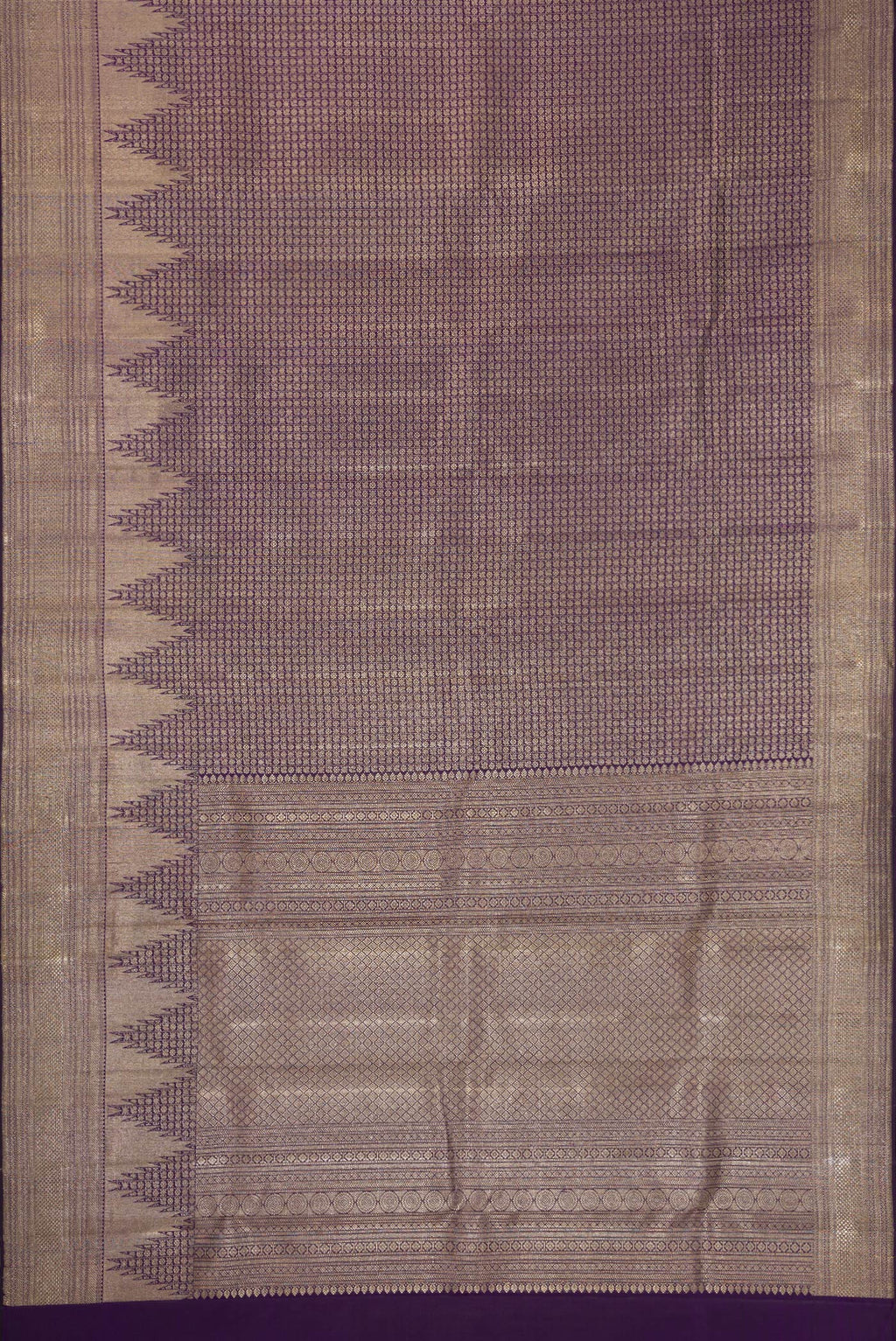 Flat view of Violet Dual Tone Kanchipuram Silk Saree with Zari Brocade on the body and Zari Border. 