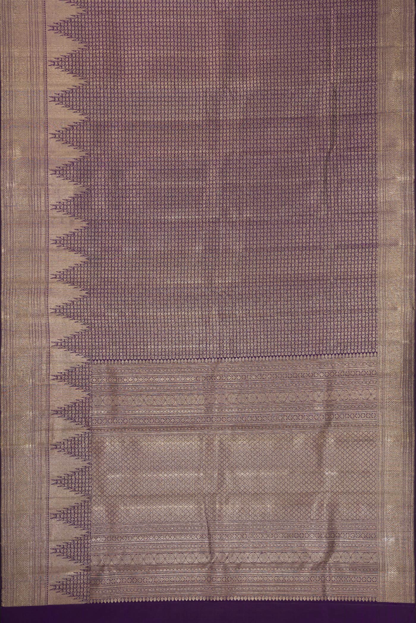 Flat view of Violet Dual Tone Kanchipuram Silk Saree with Zari Brocade on the body and Zari Border. 