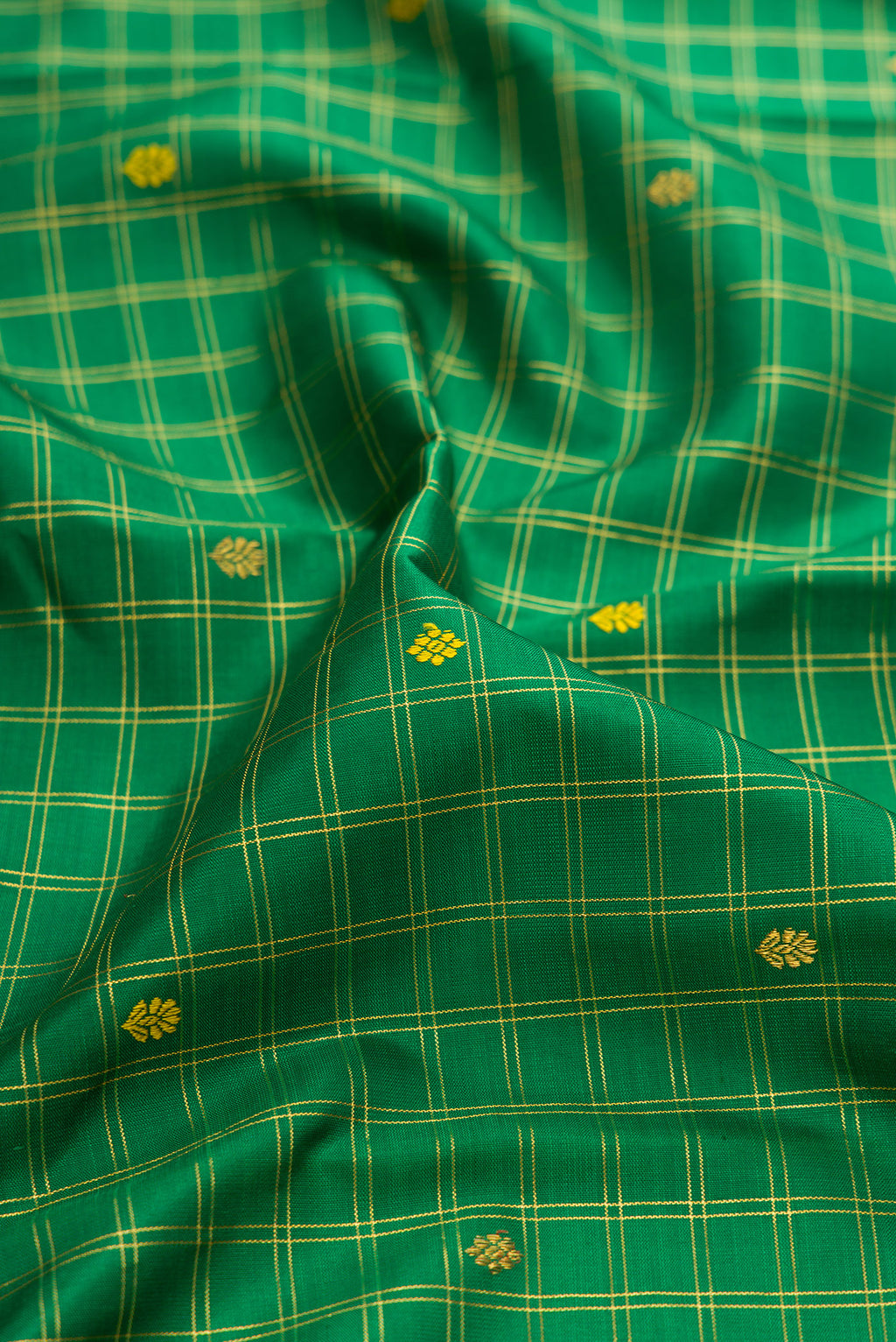 Close up of Green Kanjivaram Silk Saree with Checked design on the body and Zari Border.  displaying folds