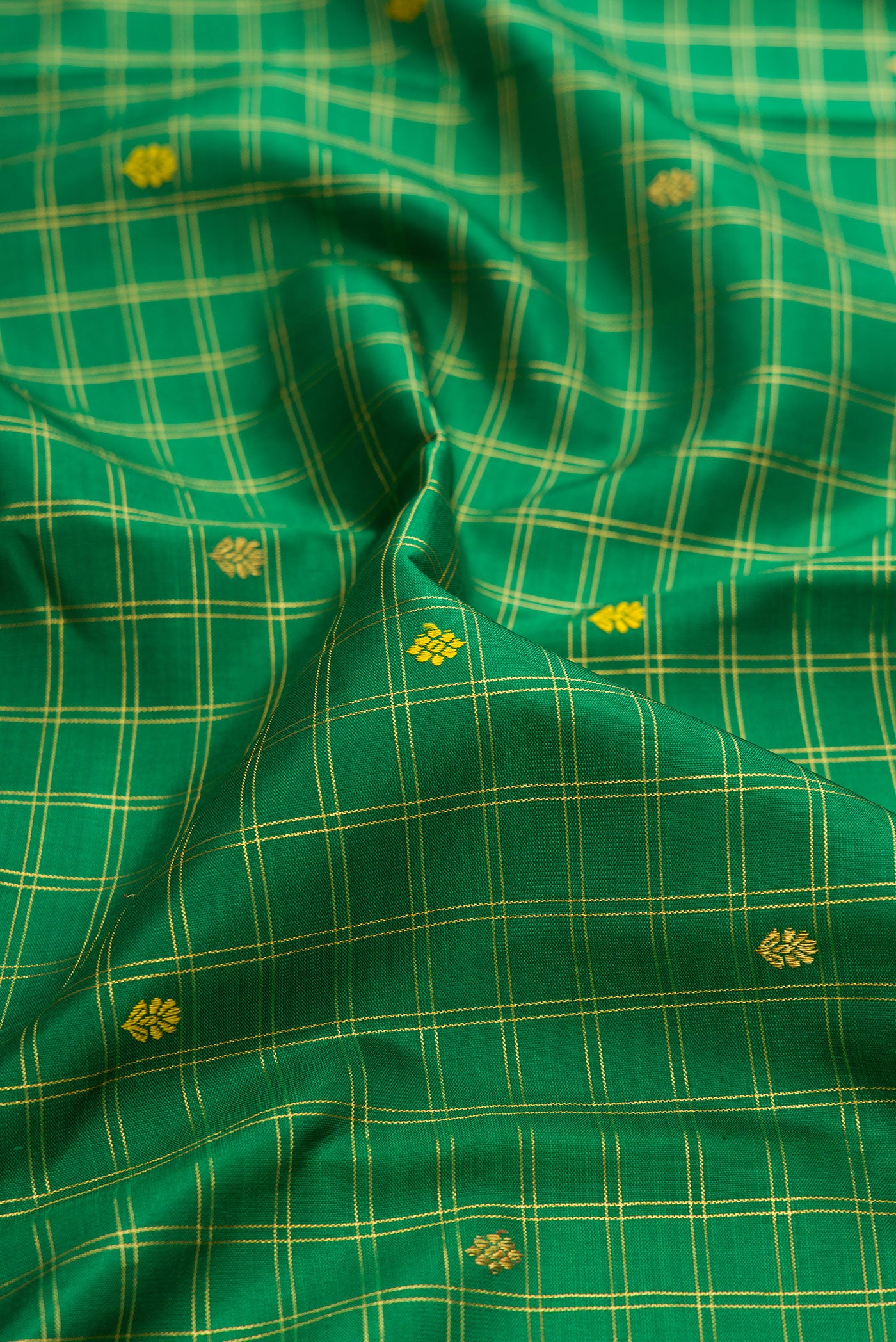 Close up of Green Kanjivaram Silk Saree with Checked design on the body and Zari Border.  displaying folds