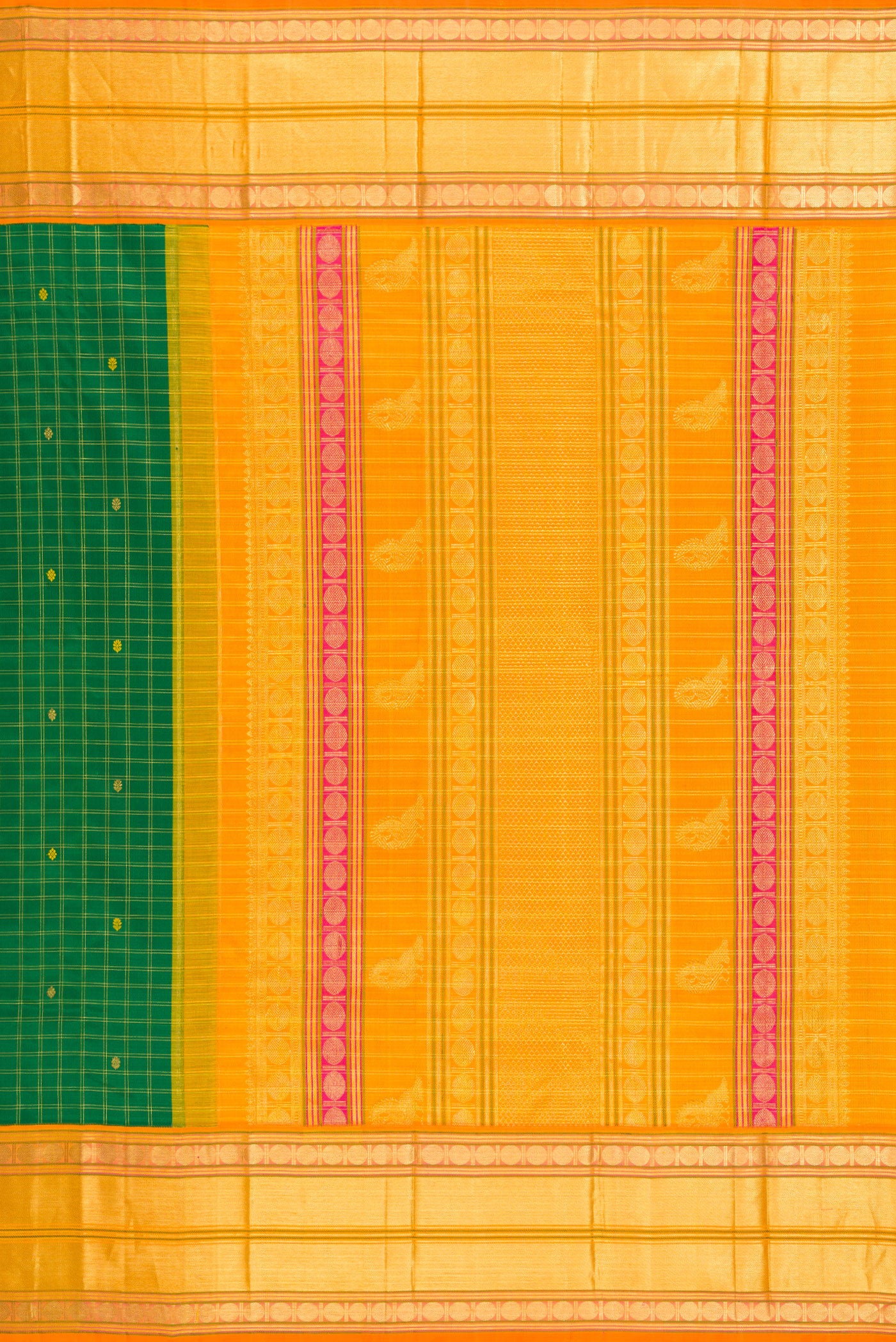 Close up image of the pallu of Green Kanjivaram Silk Saree with Checked design on the body and Zari Border. 