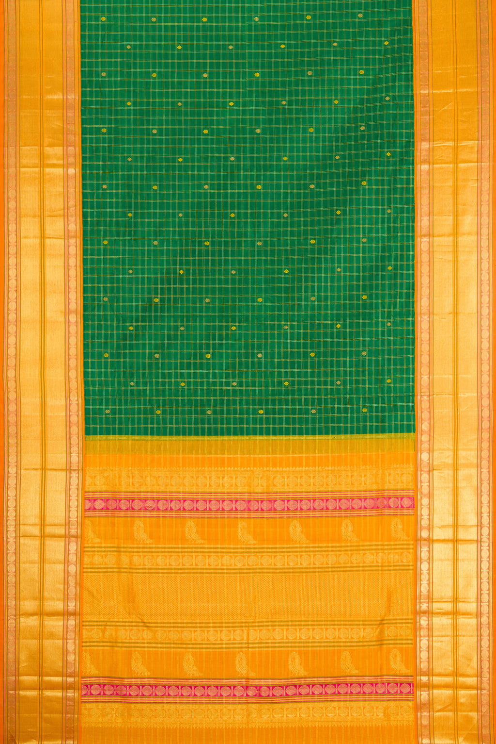 Flat view of Green Kanjivaram Silk Saree with Checked design on the body and Zari Border. 
