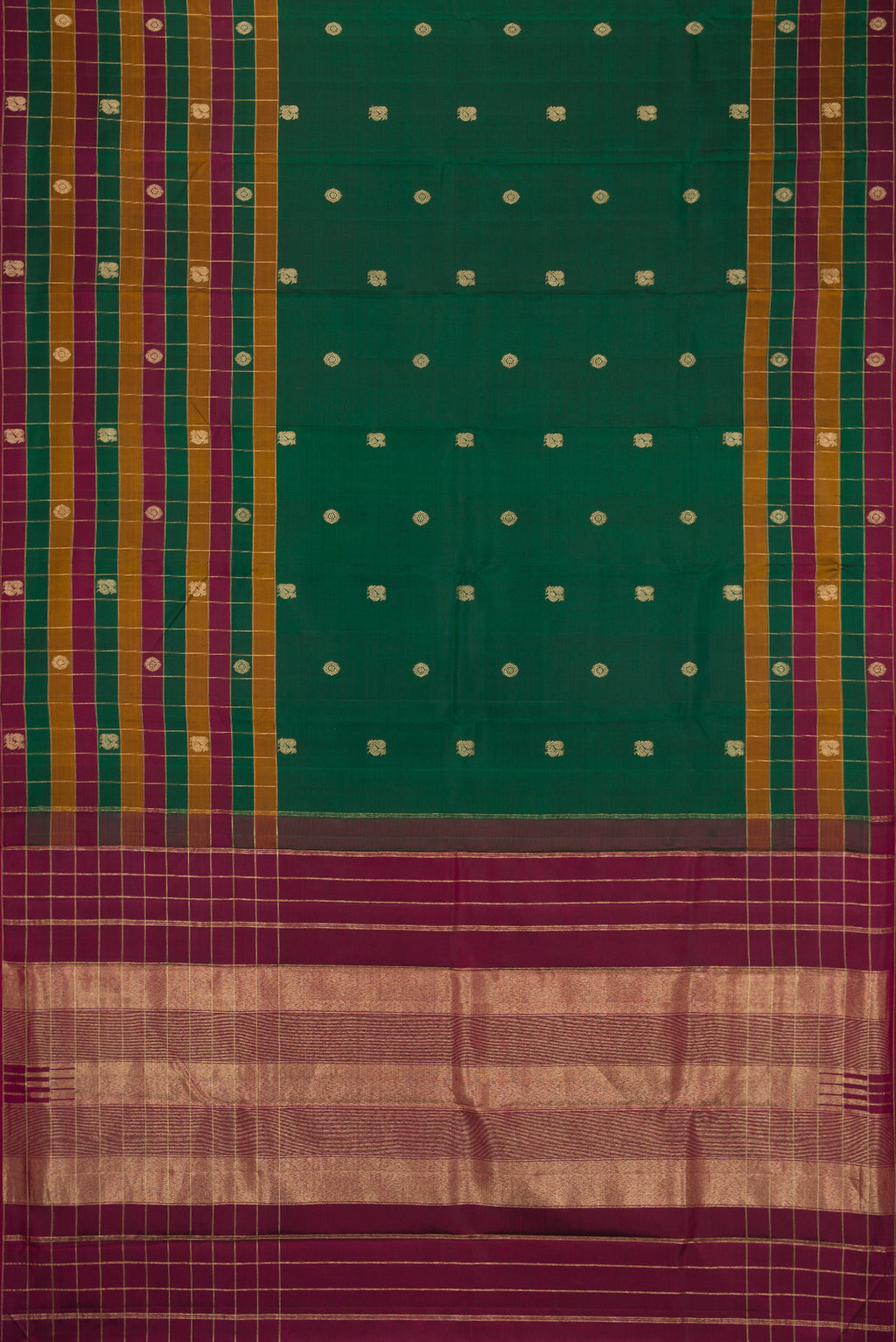 Flat view of Bottle Green Kanjivaram Silk Saree with Zari Butta on the body and Checks Border. 