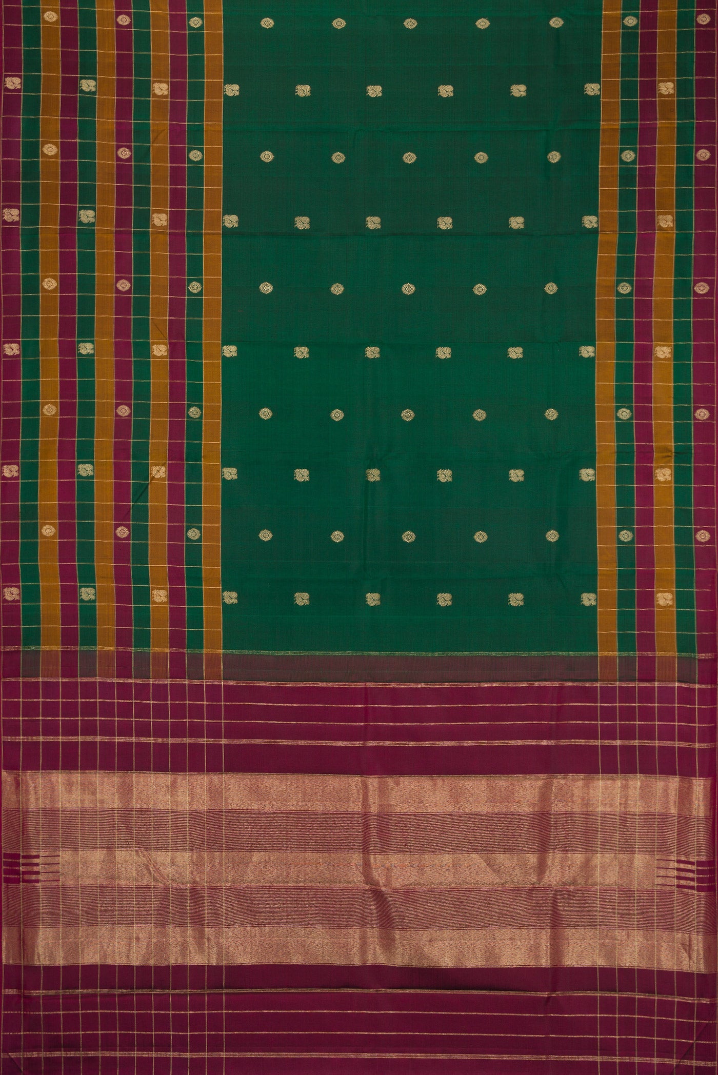 Flat view of Bottle Green Kanjivaram Silk Saree with Zari Butta on the body and Checks Border. 