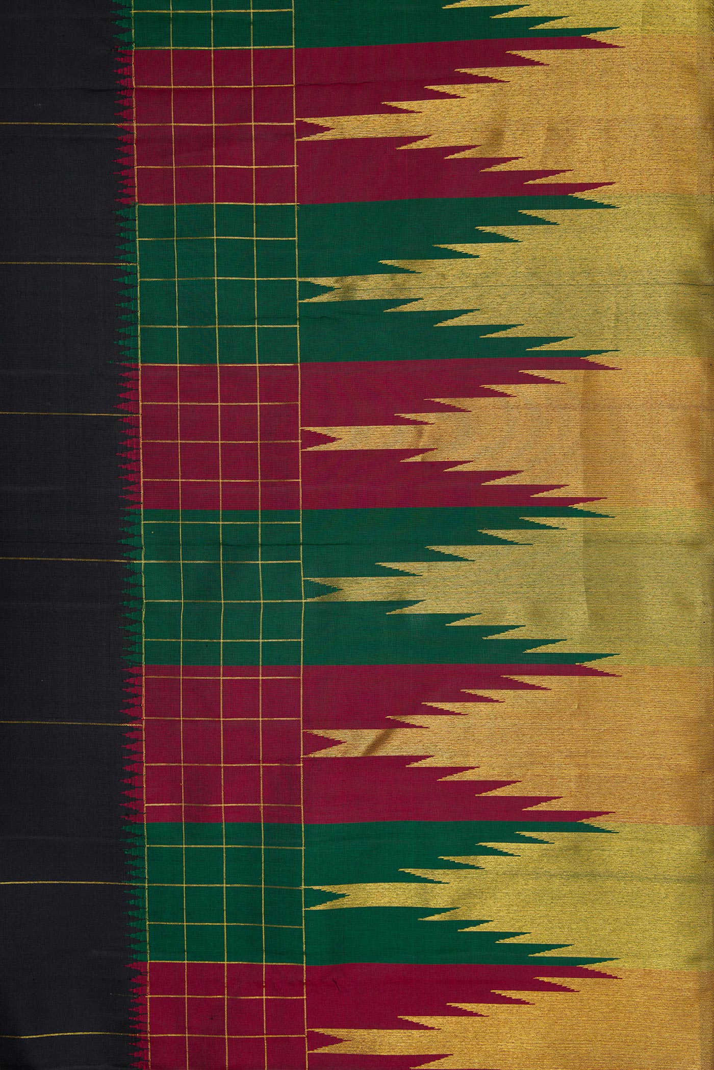 Border image of Black Dual Tone Kanchipuram Silk Saree with Checked design on the body and Fancy Border. 