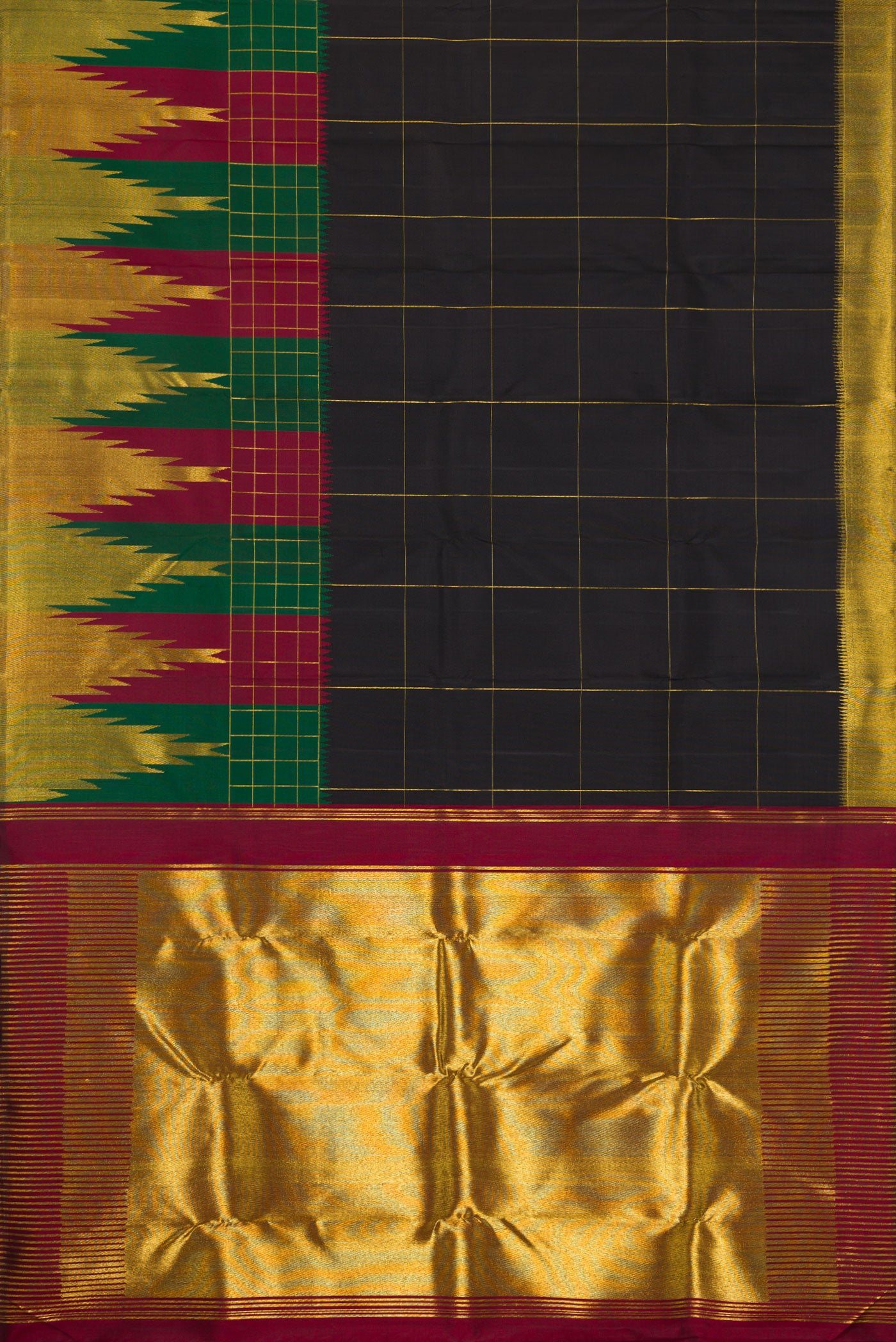 Flat view of Black Dual Tone Kanchipuram Silk Saree with Checked design on the body and Fancy Border. 