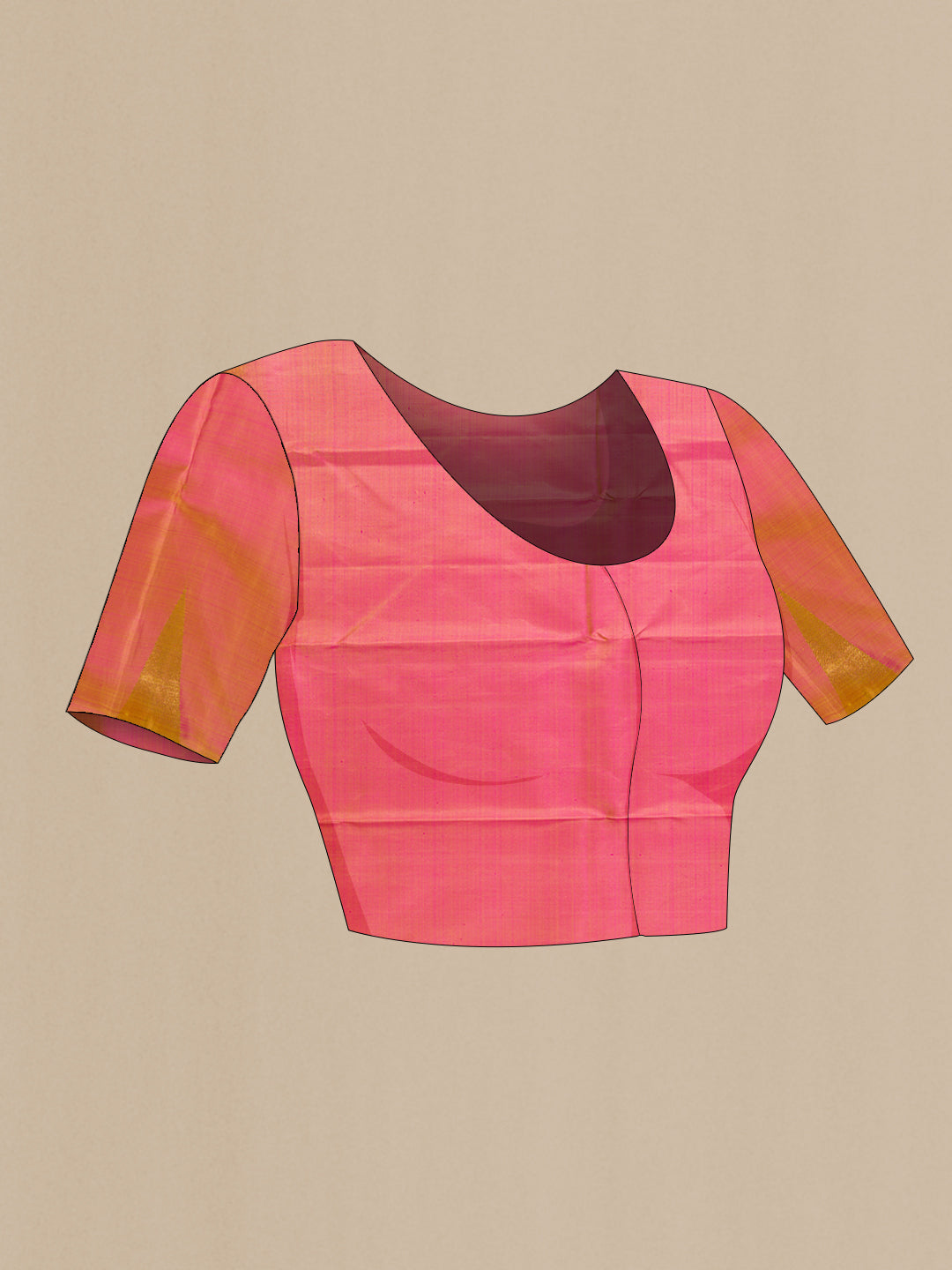 Close up image of the blouse of Beige Dual Tone Kanjivaram Silk Saree with Plain Body and Temple Border. 