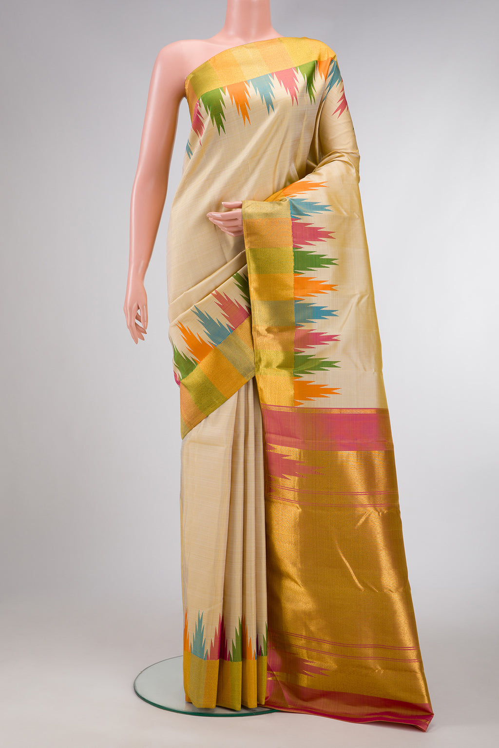 Beige Dual Tone Kanjivaram Silk Saree with Plain Body and Temple Border.  displayed on a mannequin