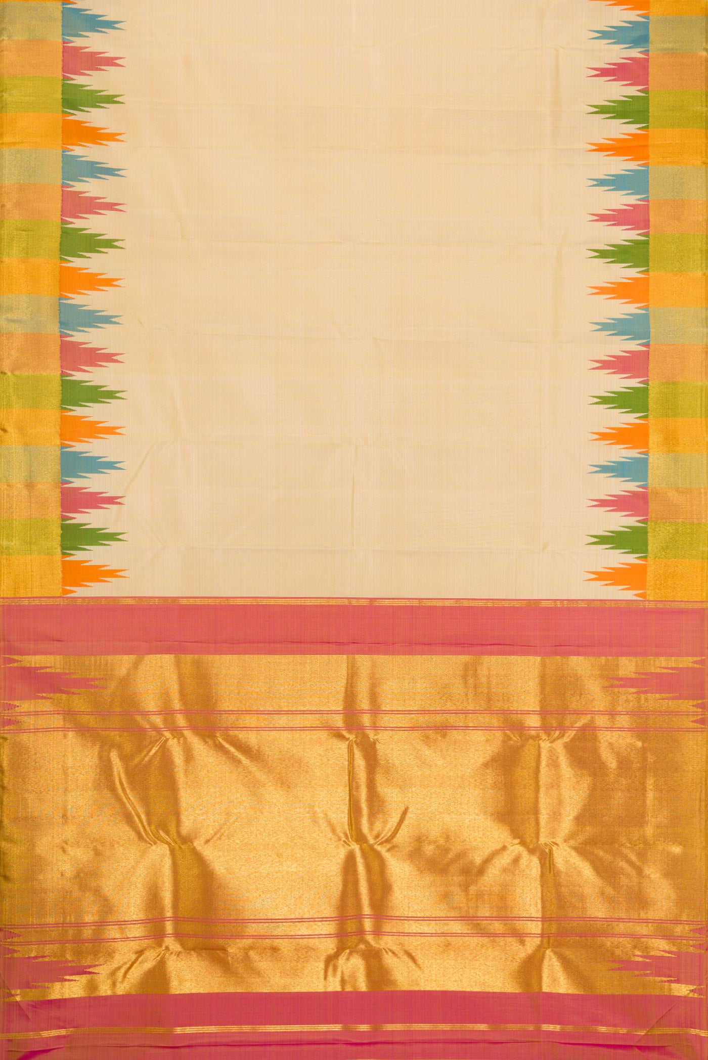 Flat view of Beige Dual Tone Kanjivaram Silk Saree with Plain Body and Temple Border. 