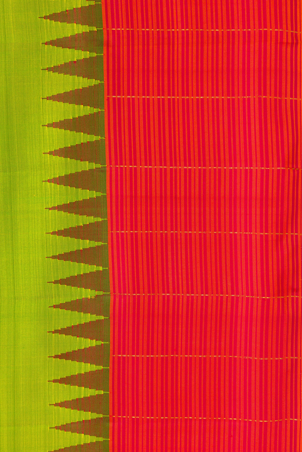 Border image of Pure Silk Pure Zari Parrot Green Dual Tone Kanjivaram Saree with Plain Body and Temple Border. 