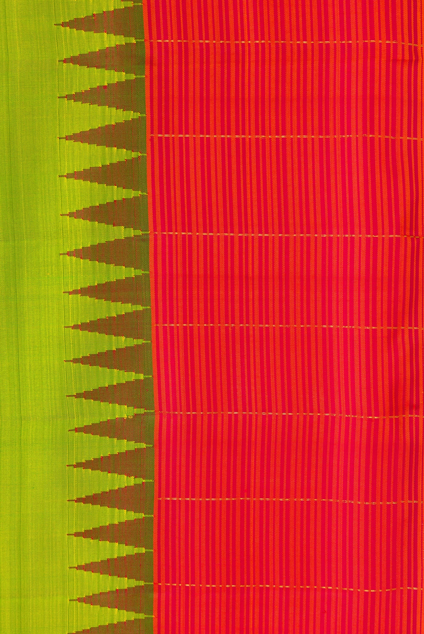 Border image of Pure Silk Pure Zari Parrot Green Dual Tone Kanjivaram Saree with Plain Body and Temple Border. 