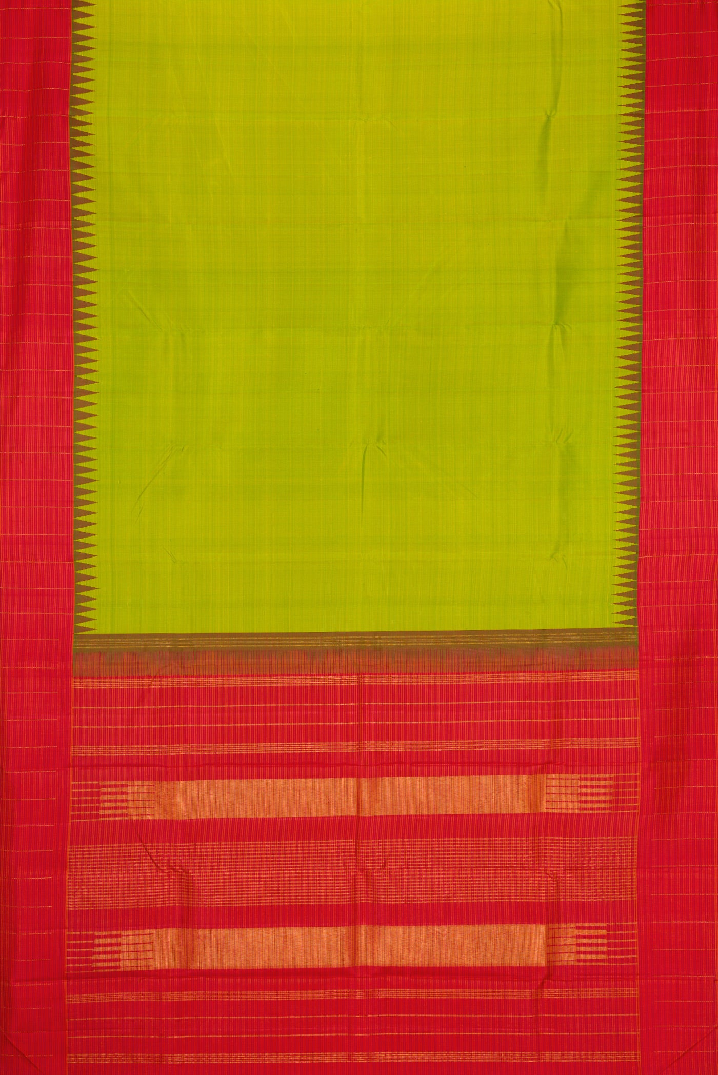 Flat view of Pure Silk Pure Zari Parrot Green Dual Tone Kanjivaram Saree with Plain Body and Temple Border. 