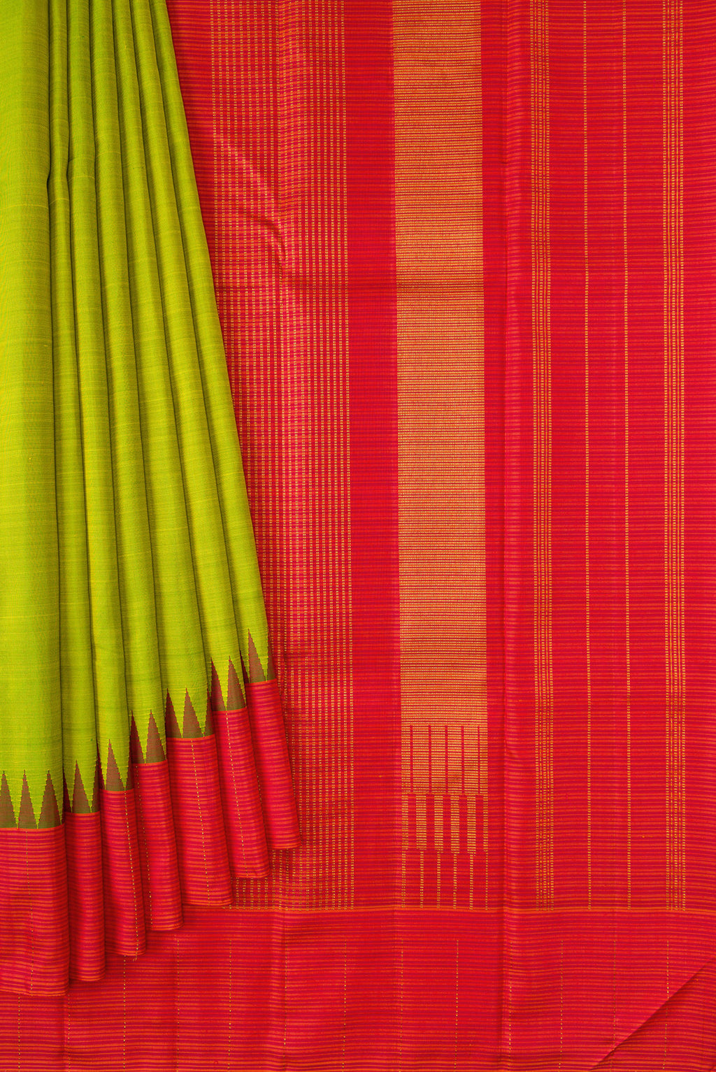 Pleats and pallu of Pure Silk Pure Zari Parrot Green Dual Tone Kanjivaram Saree with Plain Body and Temple Border. 