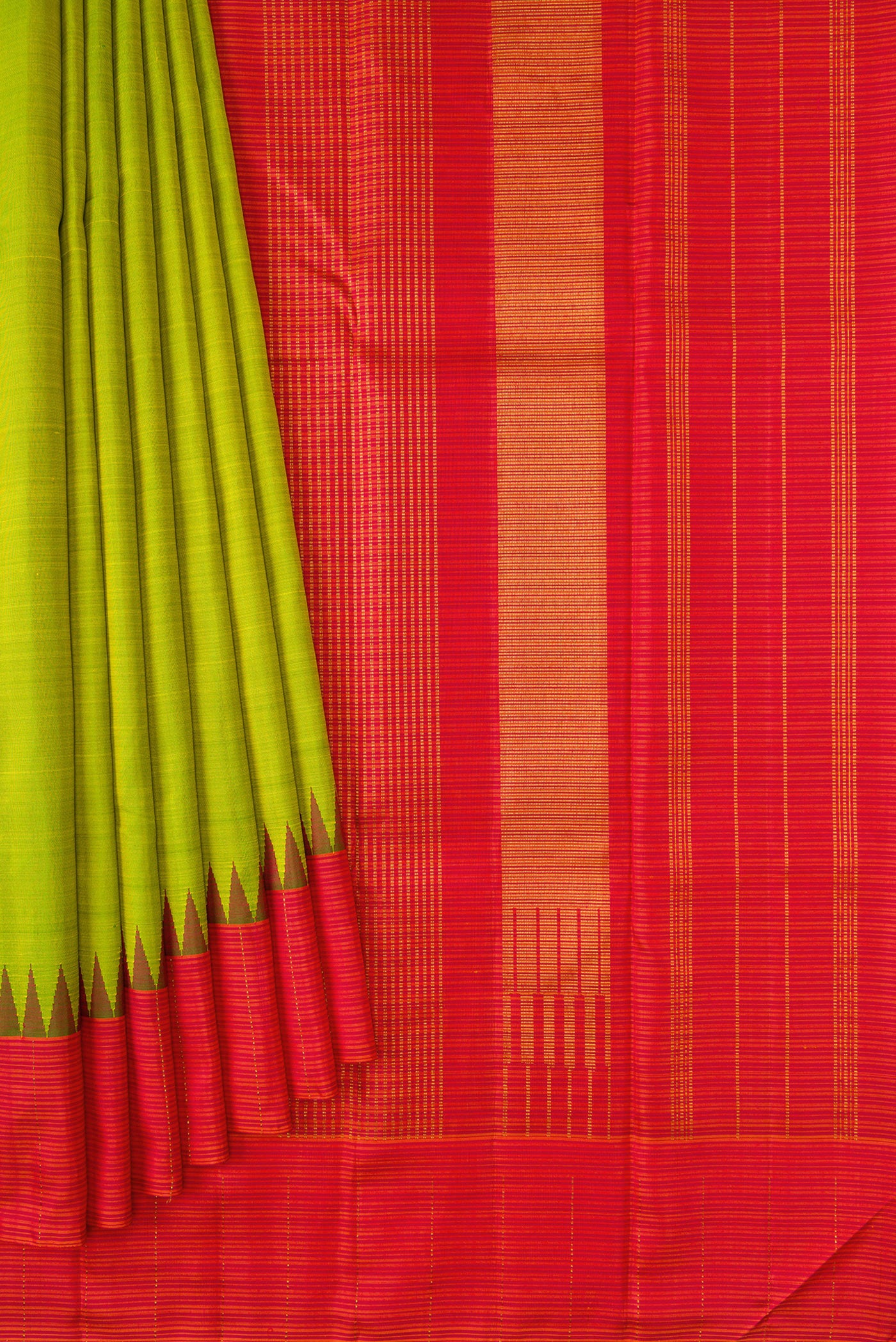 Pleats and pallu of Pure Silk Pure Zari Parrot Green Dual Tone Kanjivaram Saree with Plain Body and Temple Border. 