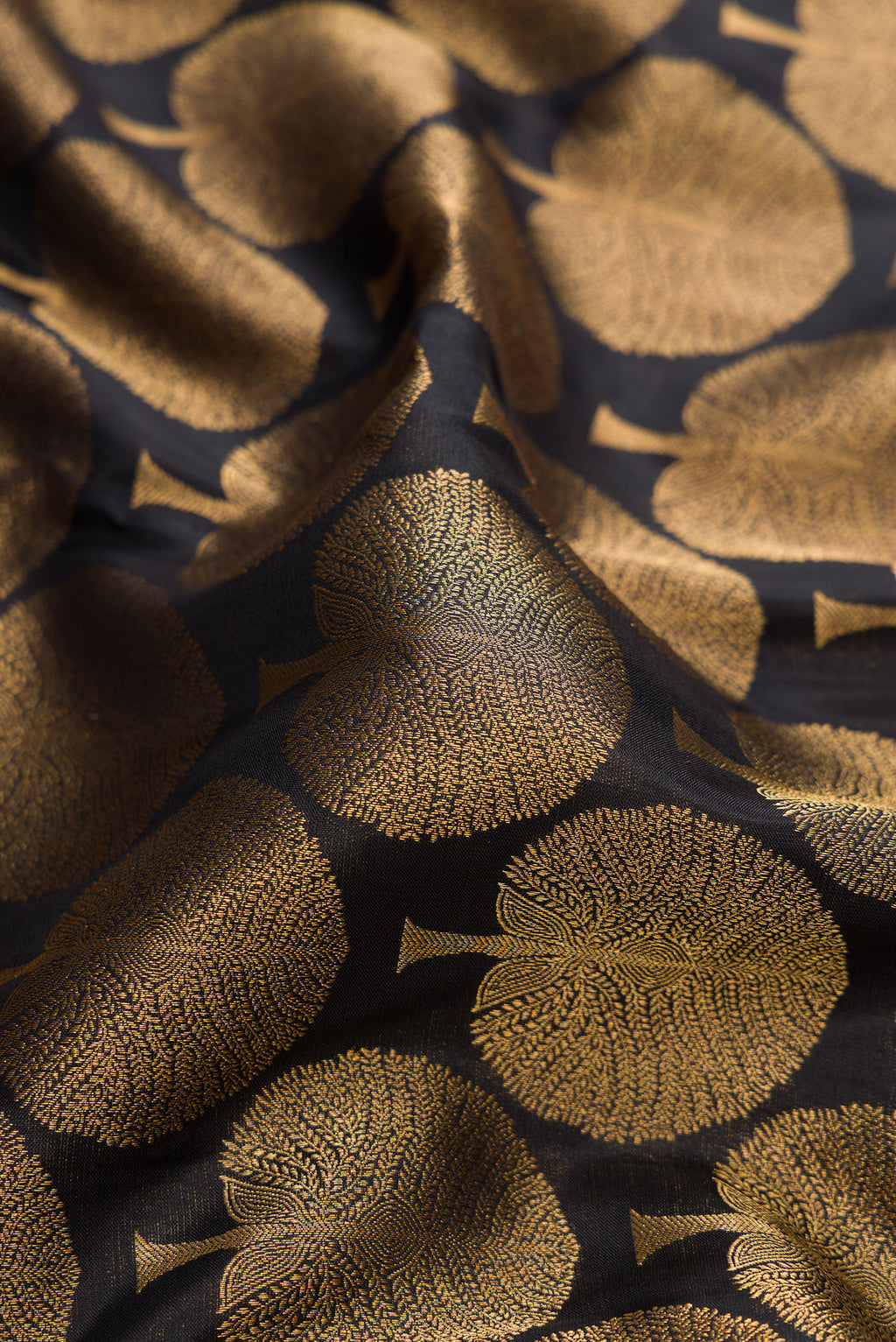 Close up of Black Kanjivaram Silk Saree with Zari Brocade on the body and Zari Border.  displaying folds